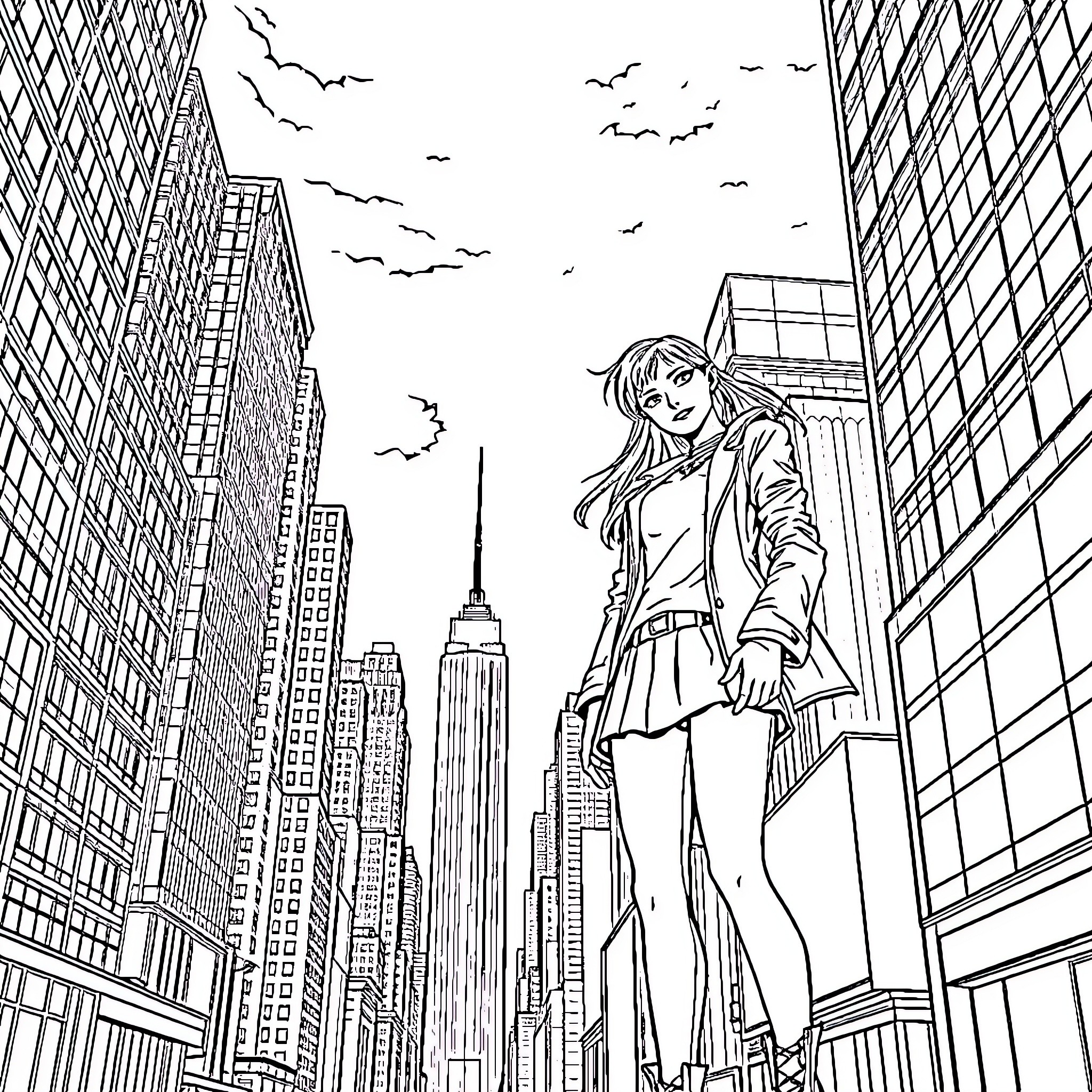Goth Girl in Bustling Metropolis Coloring Page (free black-and-white line drawing printable PDF for all, from beginners to advanced learners, including children, teens, adults, and seniors)