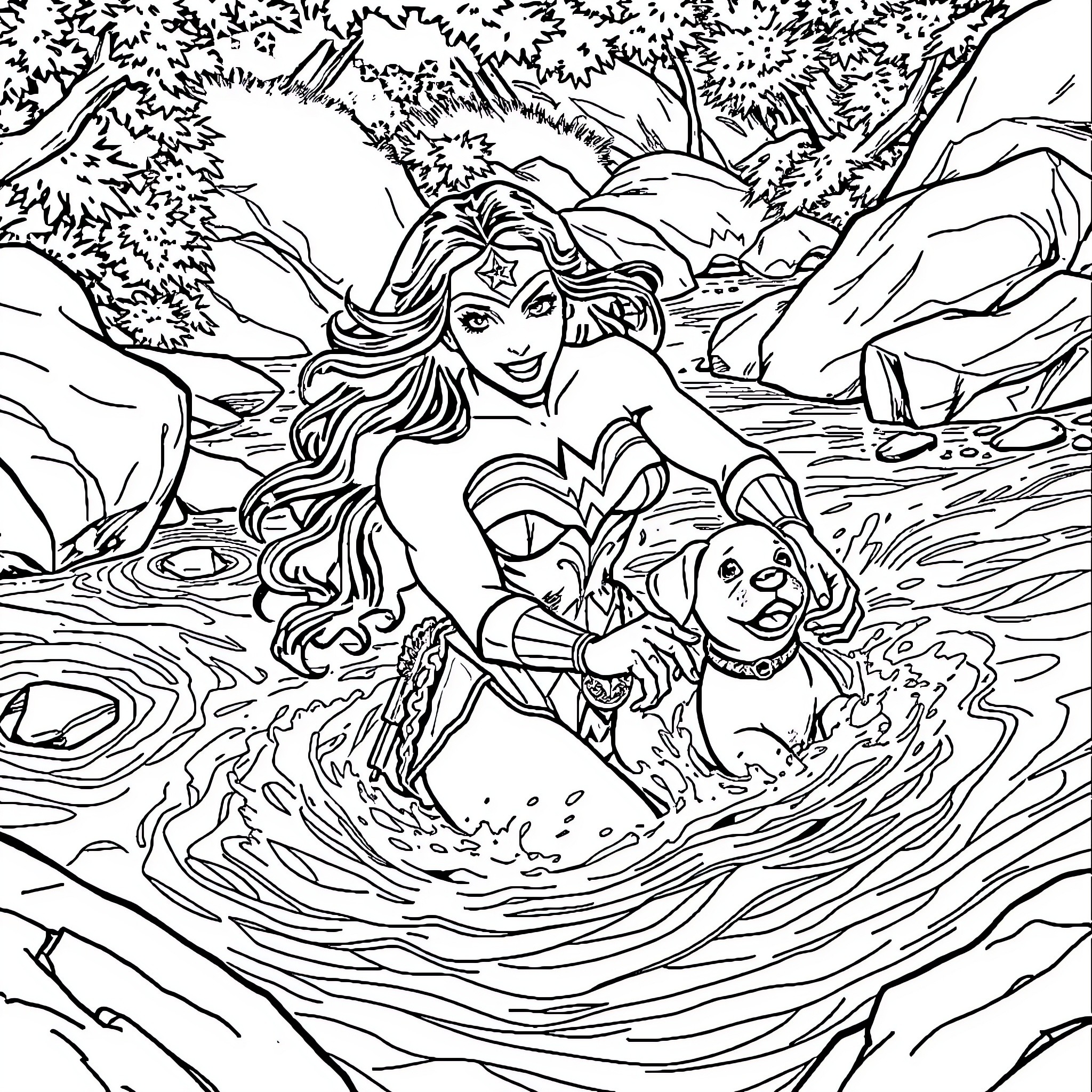 Wonder Woman enjoying a swim with her canine companion Coloring Page (free black-and-white line drawing printable PDF for all, from beginners to advanced learners, including children, teens, adults, and seniors)