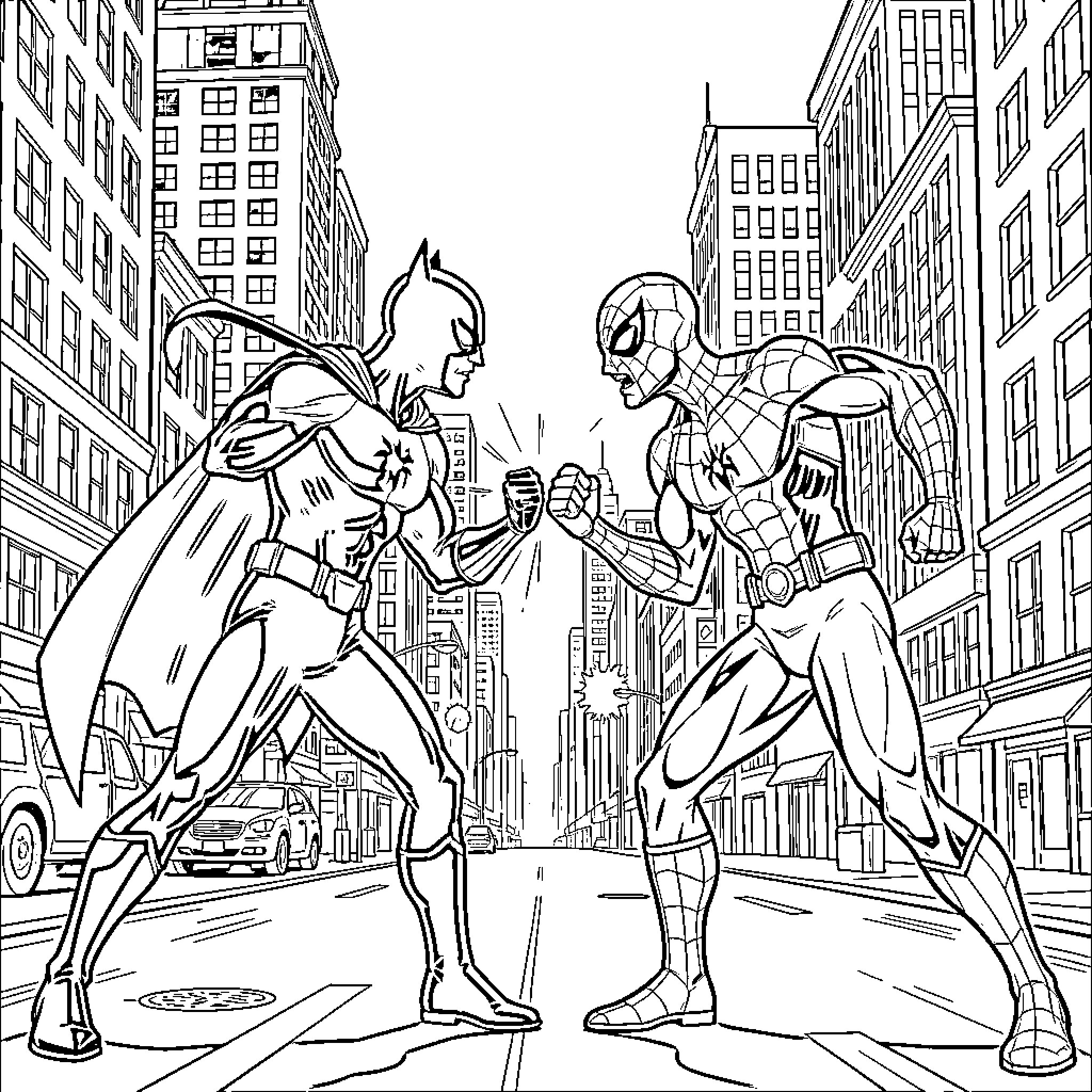 Nightwing and Spider-Man facing off in a city street Coloring Page (free black-and-white line drawing printable PDF for all, from beginners to advanced learners, including children, teens, adults, and seniors)