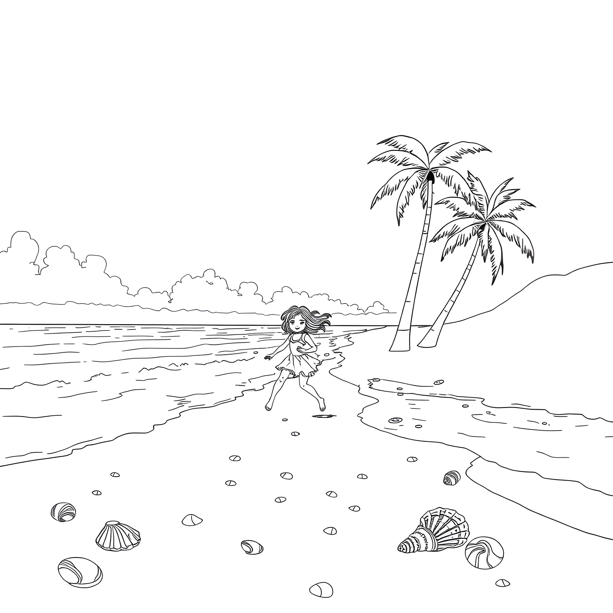 Girl walking on the beach with palm trees Coloring Page (free black-and-white line drawing printable PDF for all, from beginners to advanced learners, including children, teens, adults, and seniors)