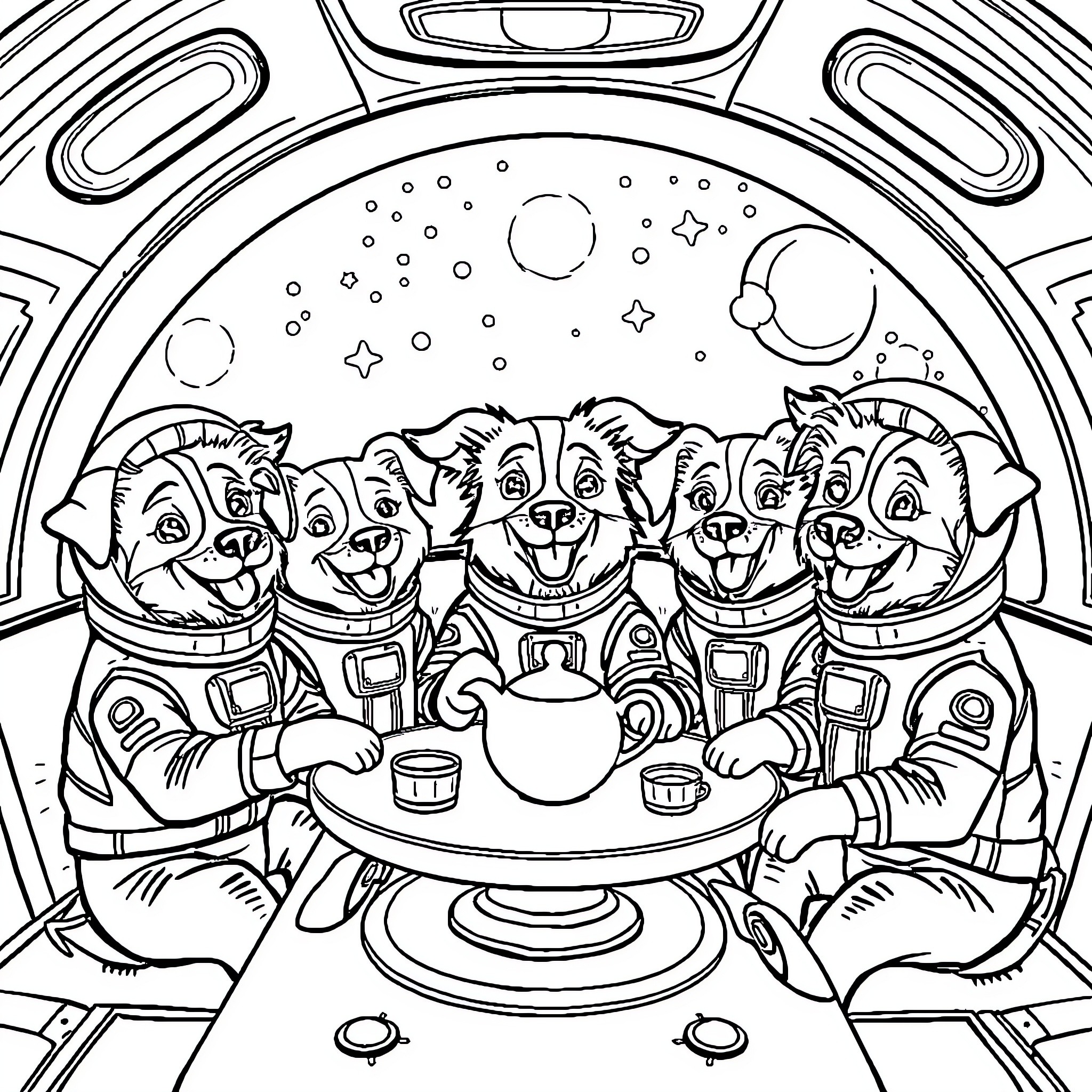 Dog astronauts enjoying a meal in their spaceship Coloring Page (free black-and-white line drawing printable PDF for all, from beginners to advanced learners, including children, teens, adults, and seniors)