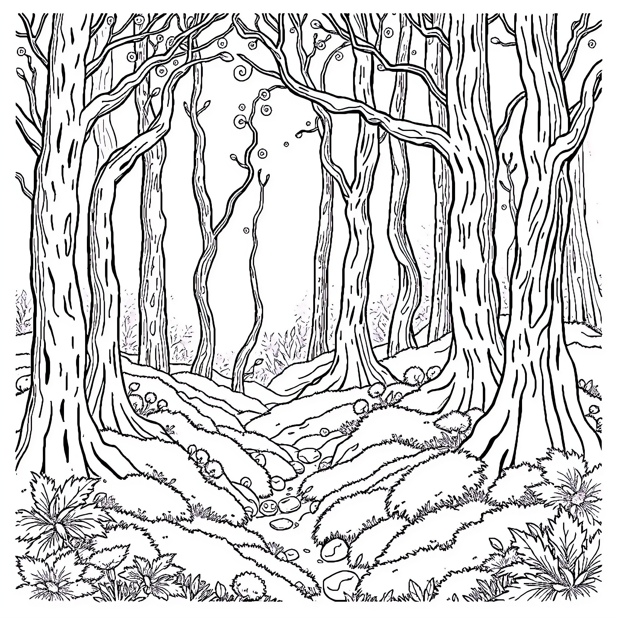 Forest scene with intricate tree branches Coloring Page (free black-and-white line drawing printable PDF for all, from beginners to advanced learners, including children, teens, adults, and seniors)