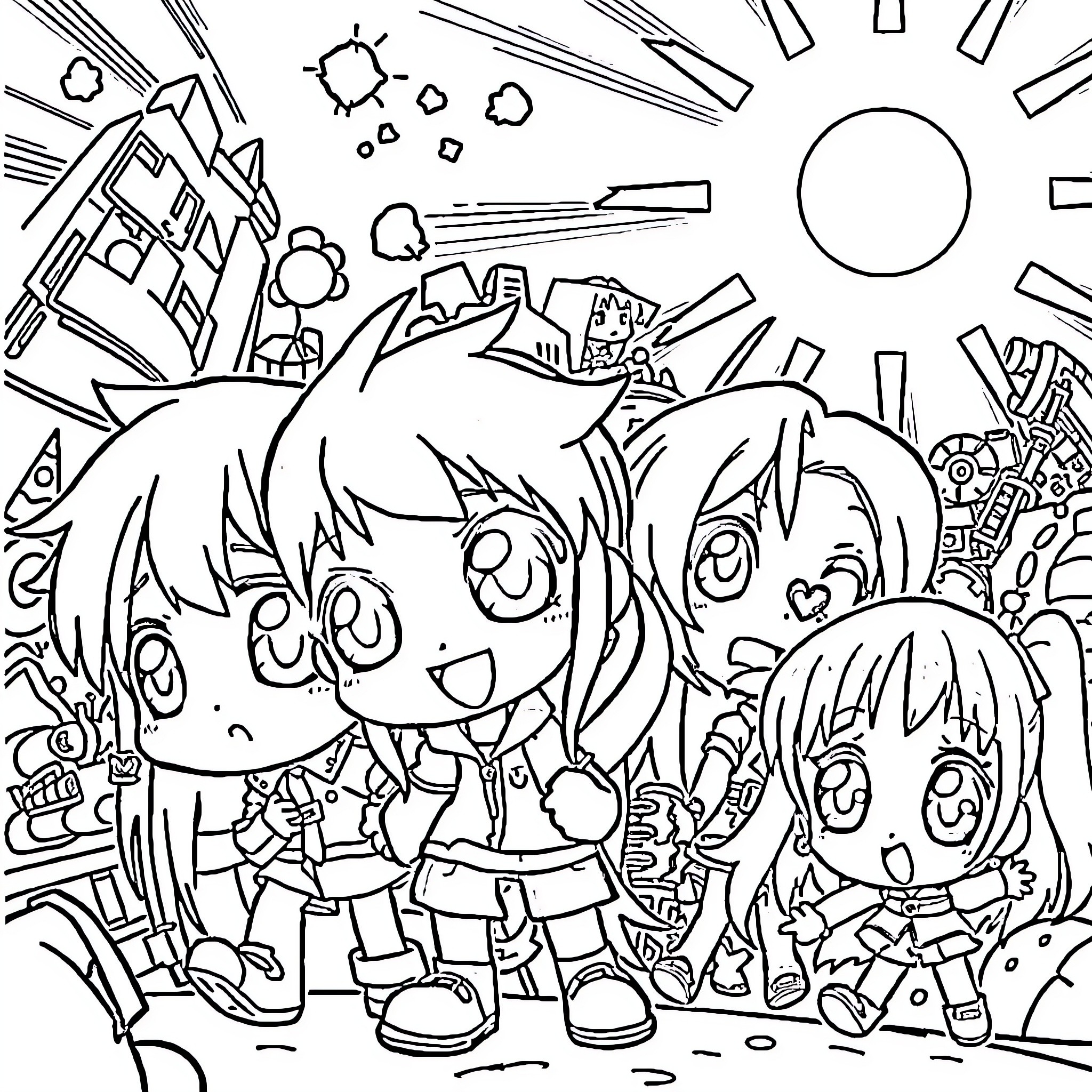 Anime Characters in a Whimsical Cityscape Coloring Page (free black-and-white line drawing printable PDF for all, from beginners to advanced learners, including children, teens, adults, and seniors)