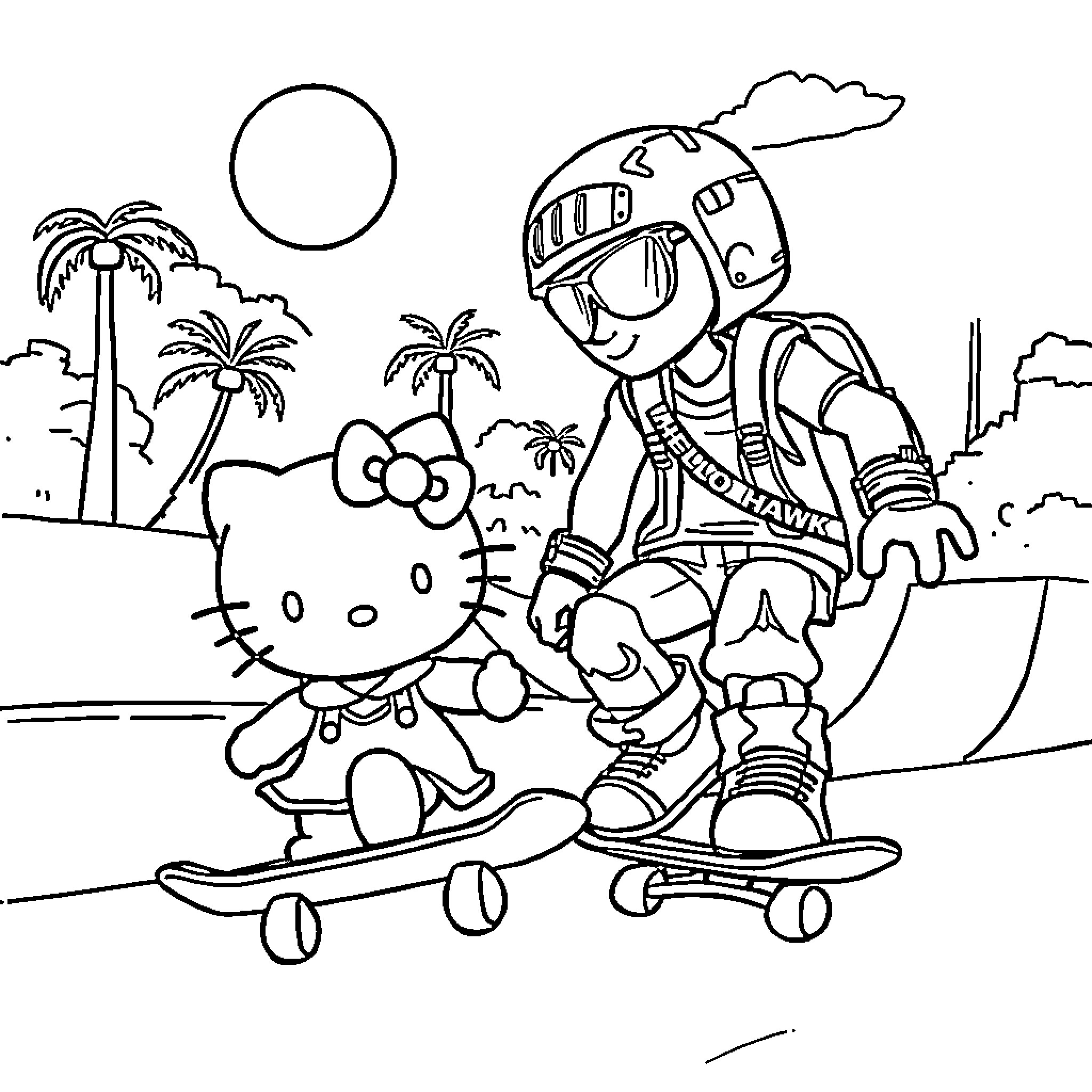 Hello Kitty goes skateboarding with adventurer friend Coloring Page (free black-and-white line drawing printable PDF for all, from beginners to advanced learners, including children, teens, adults, and seniors)