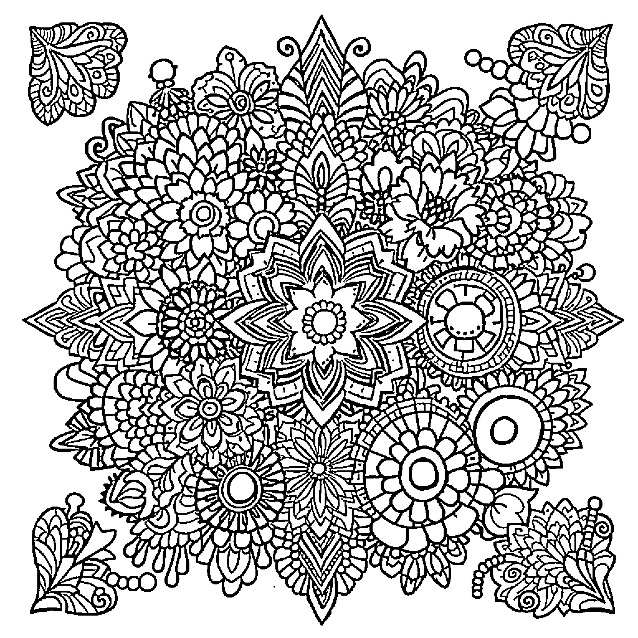 Zendoodle floral motif with intricate patterns Coloring Page (free black-and-white line drawing printable PDF for all, from beginners to advanced learners, including children, teens, adults, and seniors)