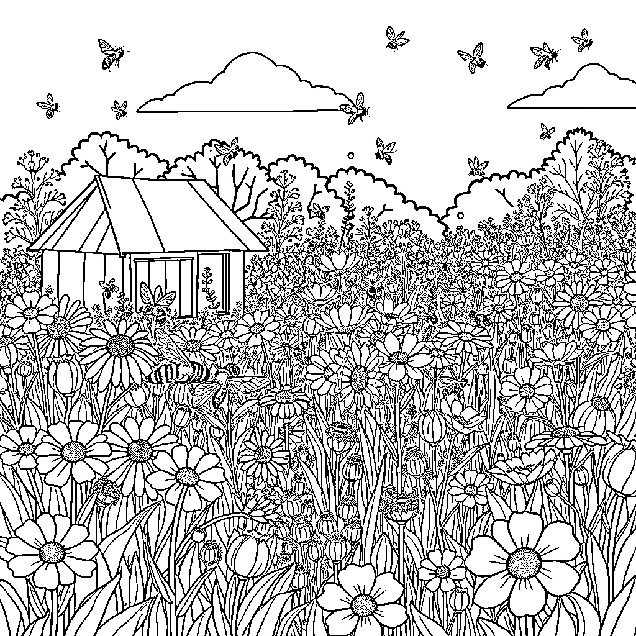 Bee enjoying a vibrant garden with a charming pavilion Coloring Page (free black-and-white line drawing printable PDF for all, from beginners to advanced learners, including children, teens, adults, and seniors)