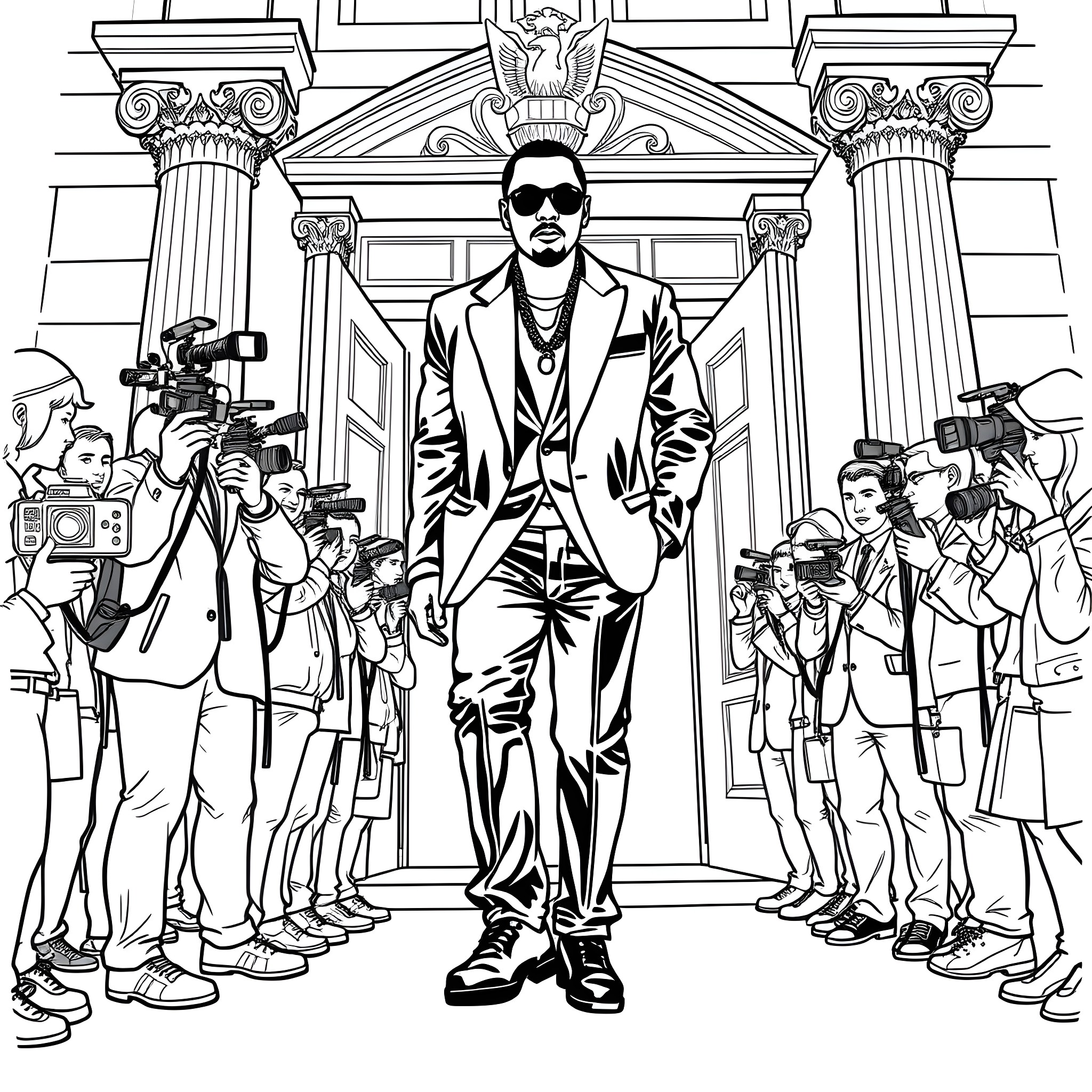 P Diddy Posing Confidently Amidst Paparazzi Coloring Page (free black-and-white line drawing printable PDF for all, from beginners to advanced learners, including children, teens, adults, and seniors)
