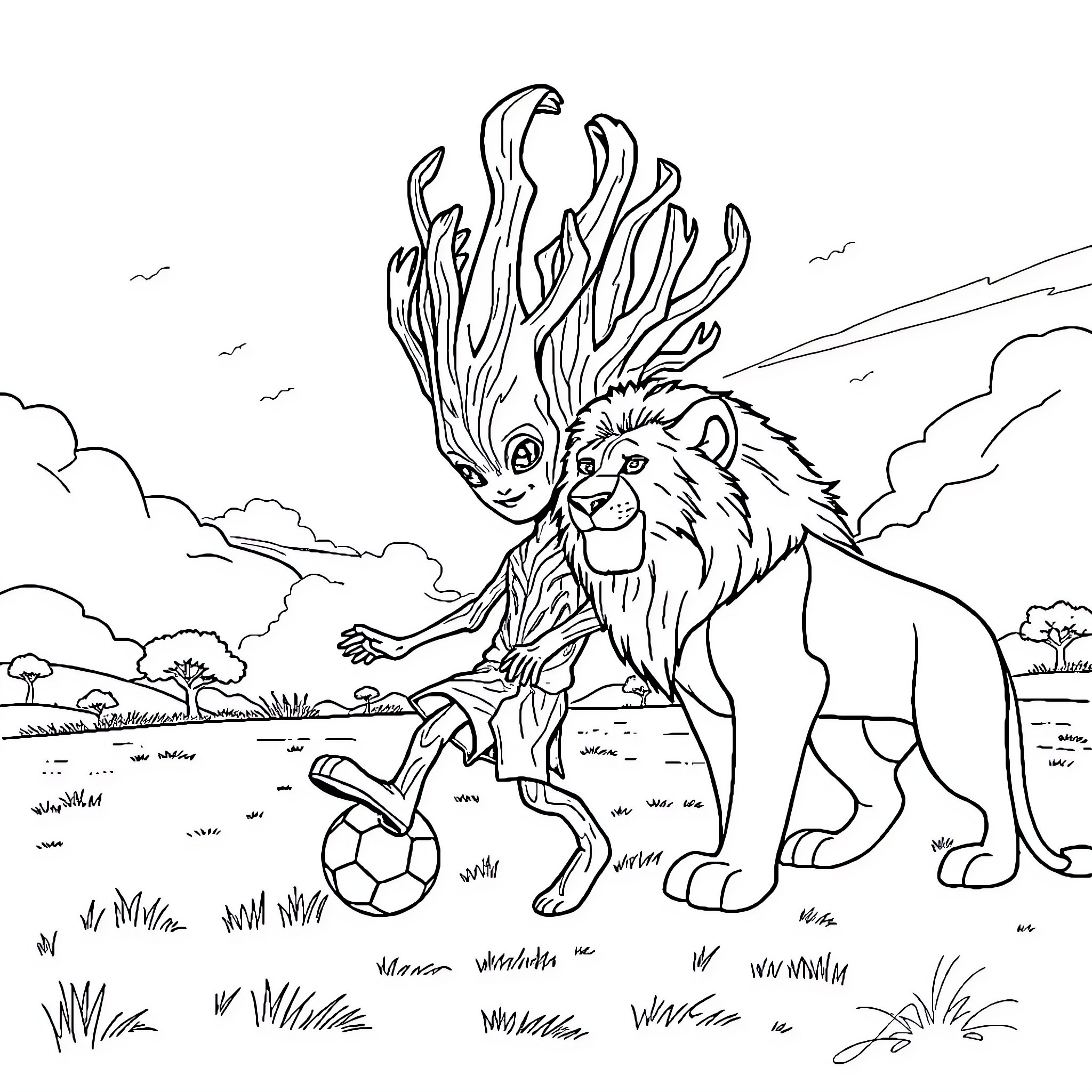 Groot playing with a soccer ball in the savanna Coloring Page (free black-and-white line drawing printable PDF for all, from beginners to advanced learners, including children, teens, adults, and seniors)