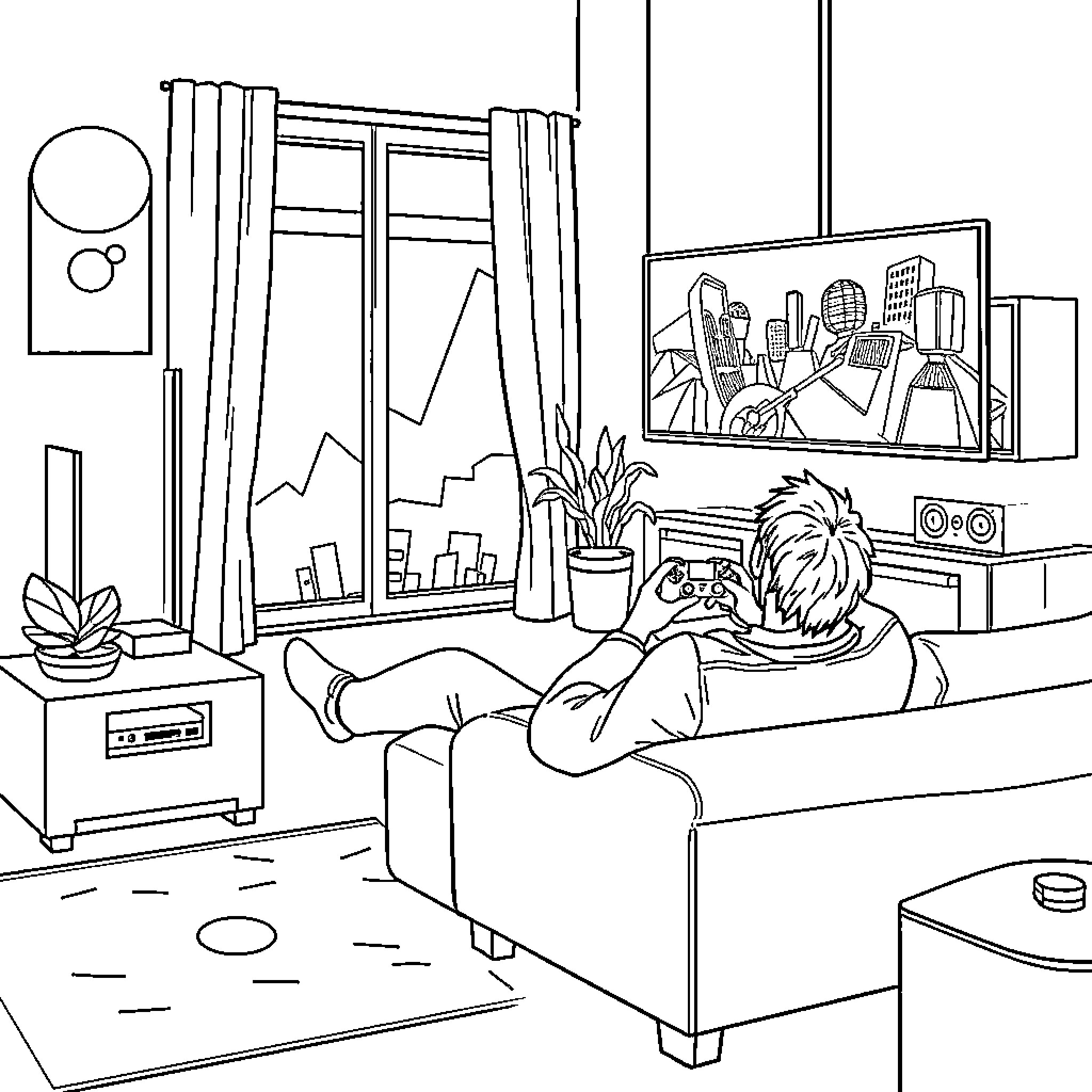 Monsieur relaxing comfortably in modern living room Coloring Page (free black-and-white line drawing printable PDF for all, from beginners to advanced learners, including children, teens, adults, and seniors)