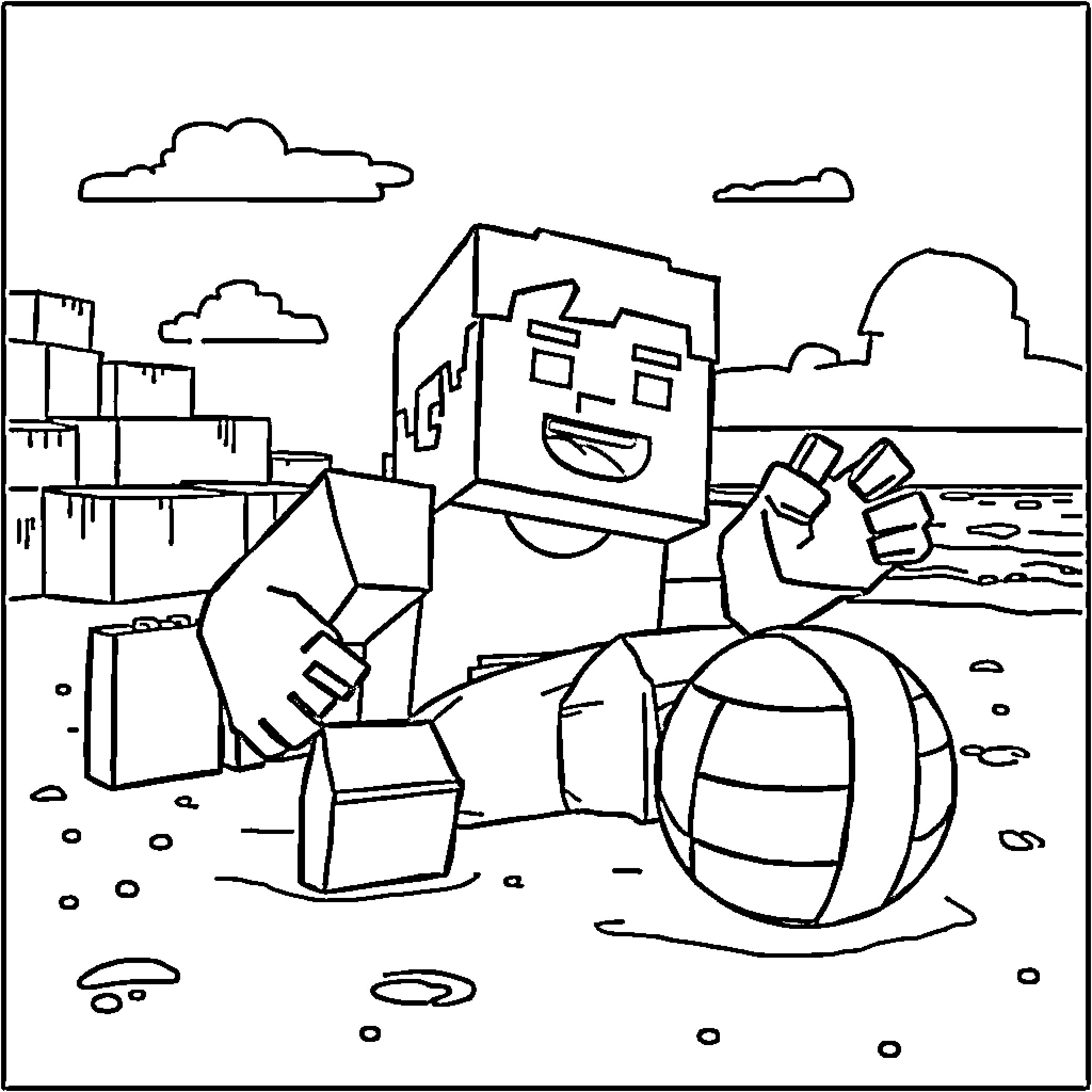 Steve's Playful Day at the Beach Coloring Page (free black-and-white line drawing printable PDF for all, from beginners to advanced learners, including children, teens, adults, and seniors)