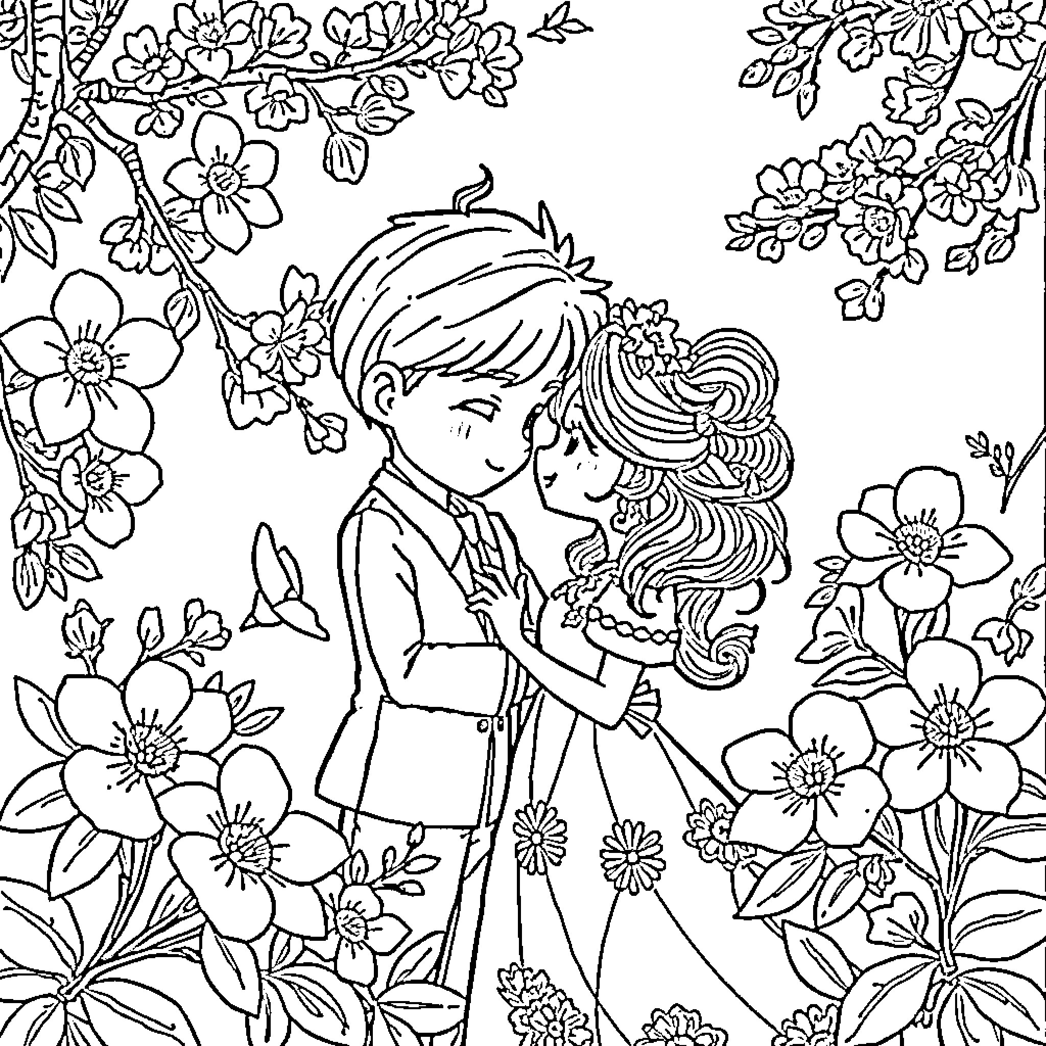 Bumblebee enjoying a romantic embrace in a floral garden Coloring Page (free black-and-white line drawing printable PDF for all, from beginners to advanced learners, including children, teens, adults, and seniors)