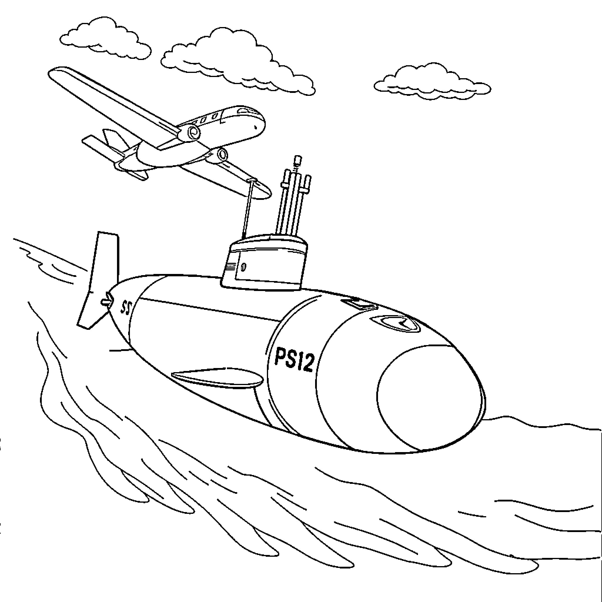 Submarine surfacing from the waves Coloring Page (free black-and-white line drawing printable PDF for all, from beginners to advanced learners, including children, teens, adults, and seniors)