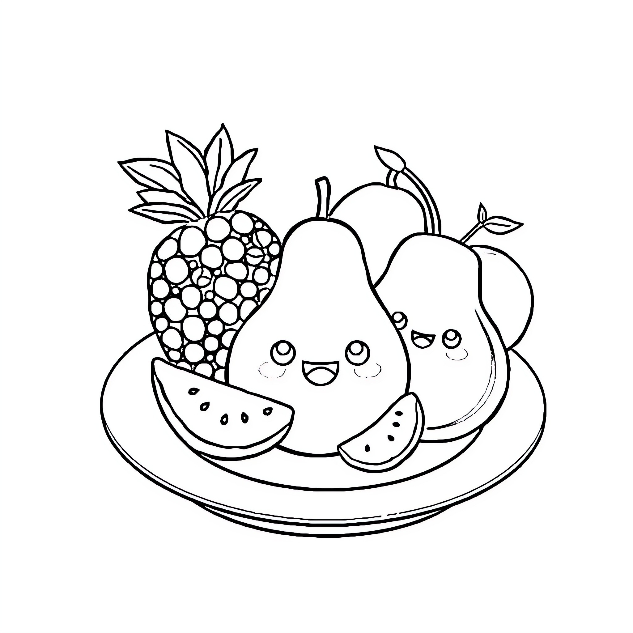 Fruit assortment with cartoon expressions Coloring Page (free black-and-white line drawing printable PDF for all, from beginners to advanced learners, including children, teens, adults, and seniors)