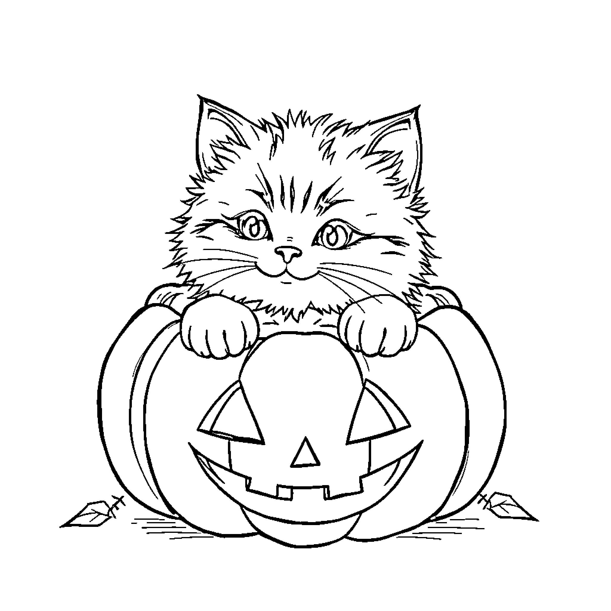 Cat peeking out from Halloween pumpkin Coloring Page (free black-and-white line drawing printable PDF for all, from beginners to advanced learners, including children, teens, adults, and seniors)