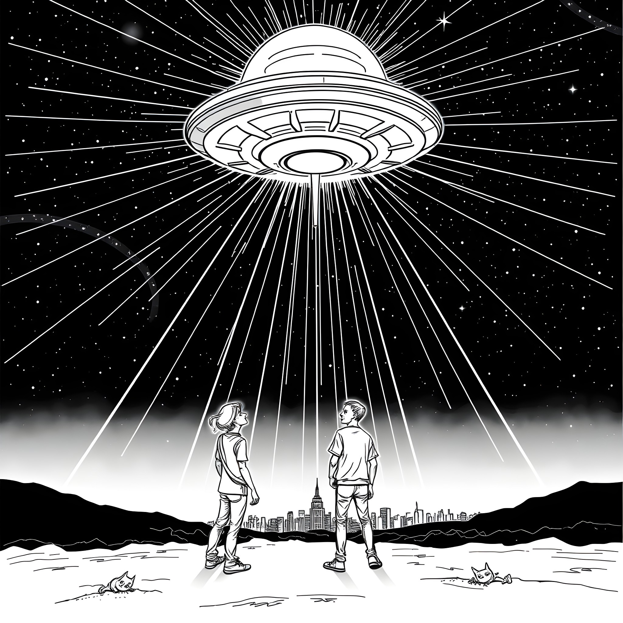 UFO beams down on two people in the desert Coloring Page (free black-and-white line drawing printable PDF for all, from beginners to advanced learners, including children, teens, adults, and seniors)
