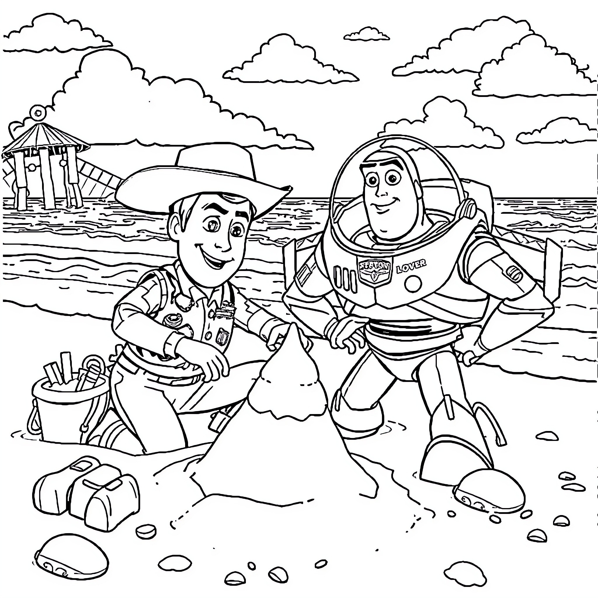 Toy Story Characters at the Beach Coloring Page (free black-and-white line drawing printable PDF for all, from beginners to advanced learners, including children, teens, adults, and seniors)