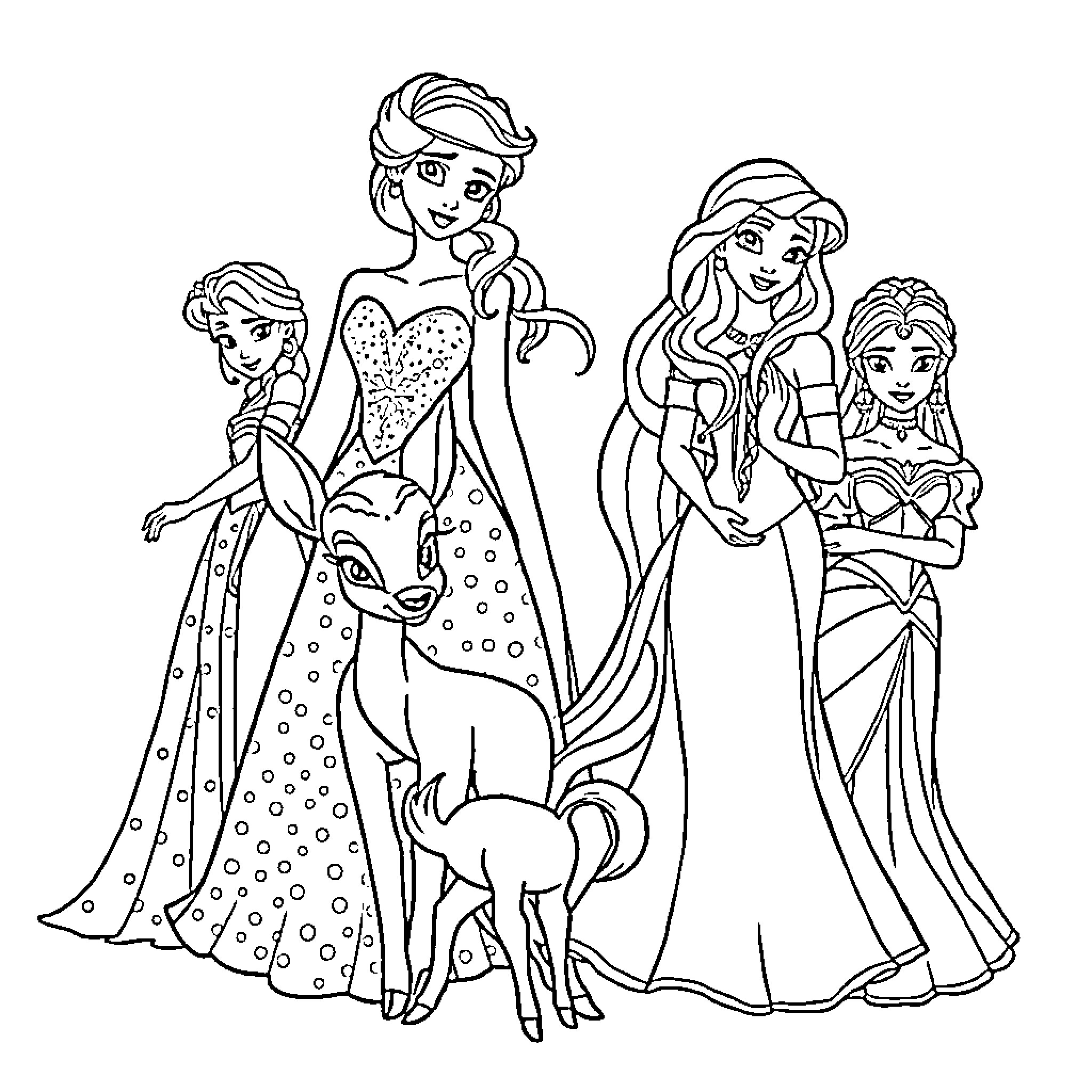 Princess Enjoying Time with Magical Animal Friends Coloring Page (free black-and-white line drawing printable PDF for all, from beginners to advanced learners, including children, teens, adults, and seniors)