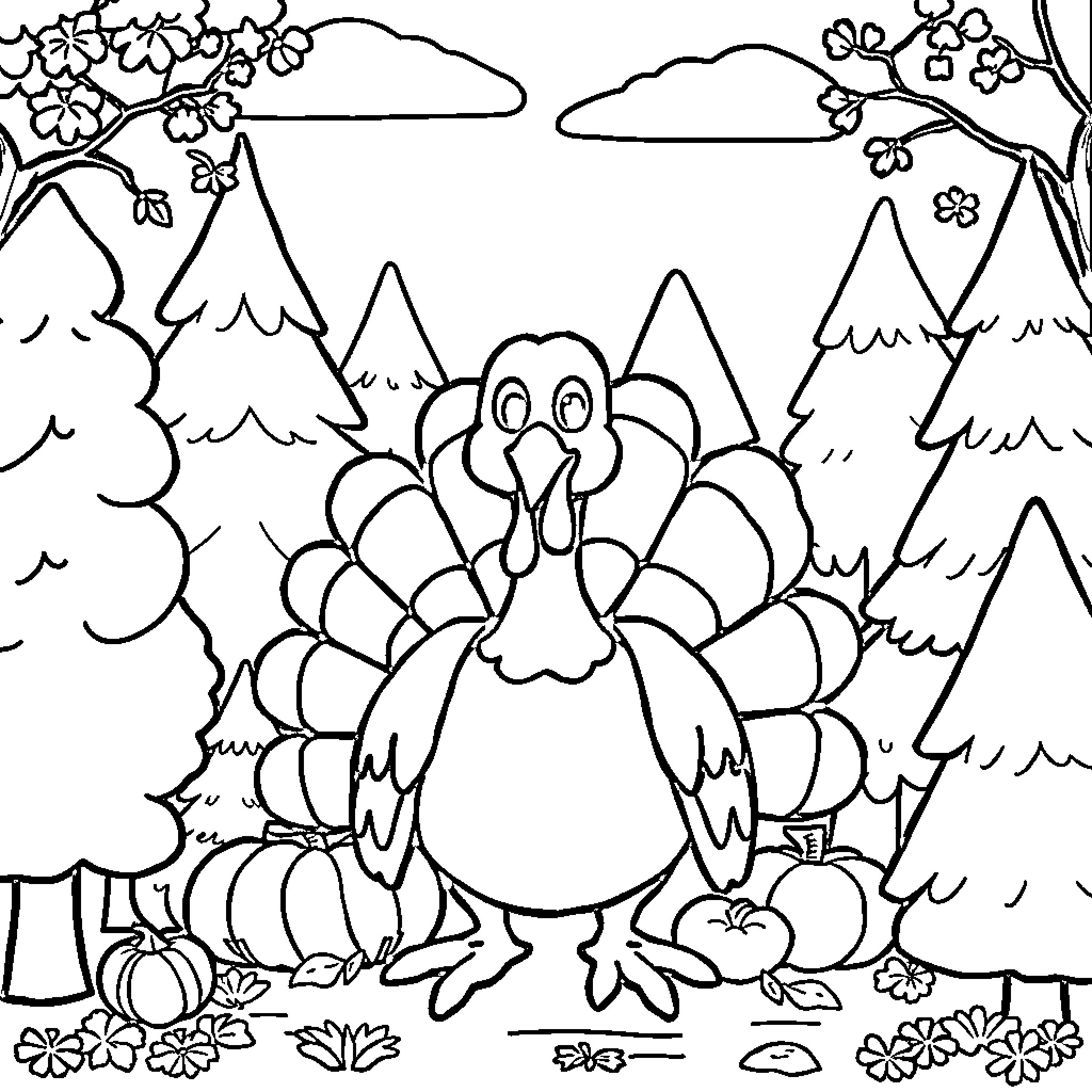 Turkey in a Colorful Forest Landscape Coloring Page (free black-and-white line drawing printable PDF for all, from beginners to advanced learners, including children, teens, adults, and seniors)