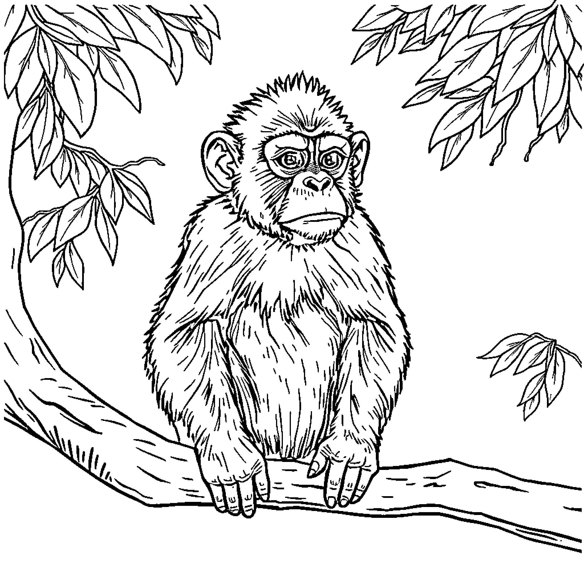Monkey sitting on branch surrounded by leaves Coloring Page (free black-and-white line drawing printable PDF for all, from beginners to advanced learners, including children, teens, adults, and seniors)