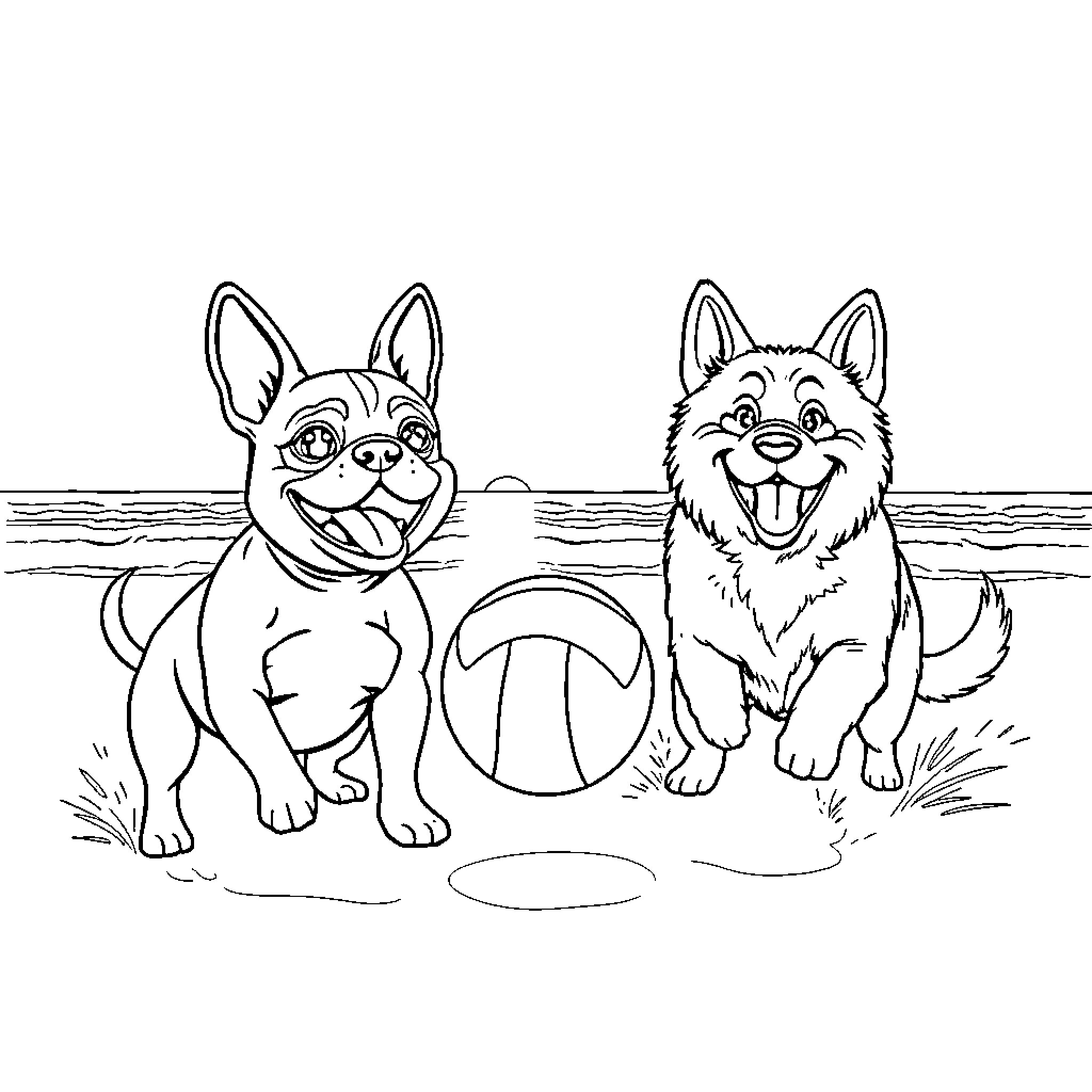 Dog friends playing with ball on the beach Coloring Page (free black-and-white line drawing printable PDF for all, from beginners to advanced learners, including children, teens, adults, and seniors)