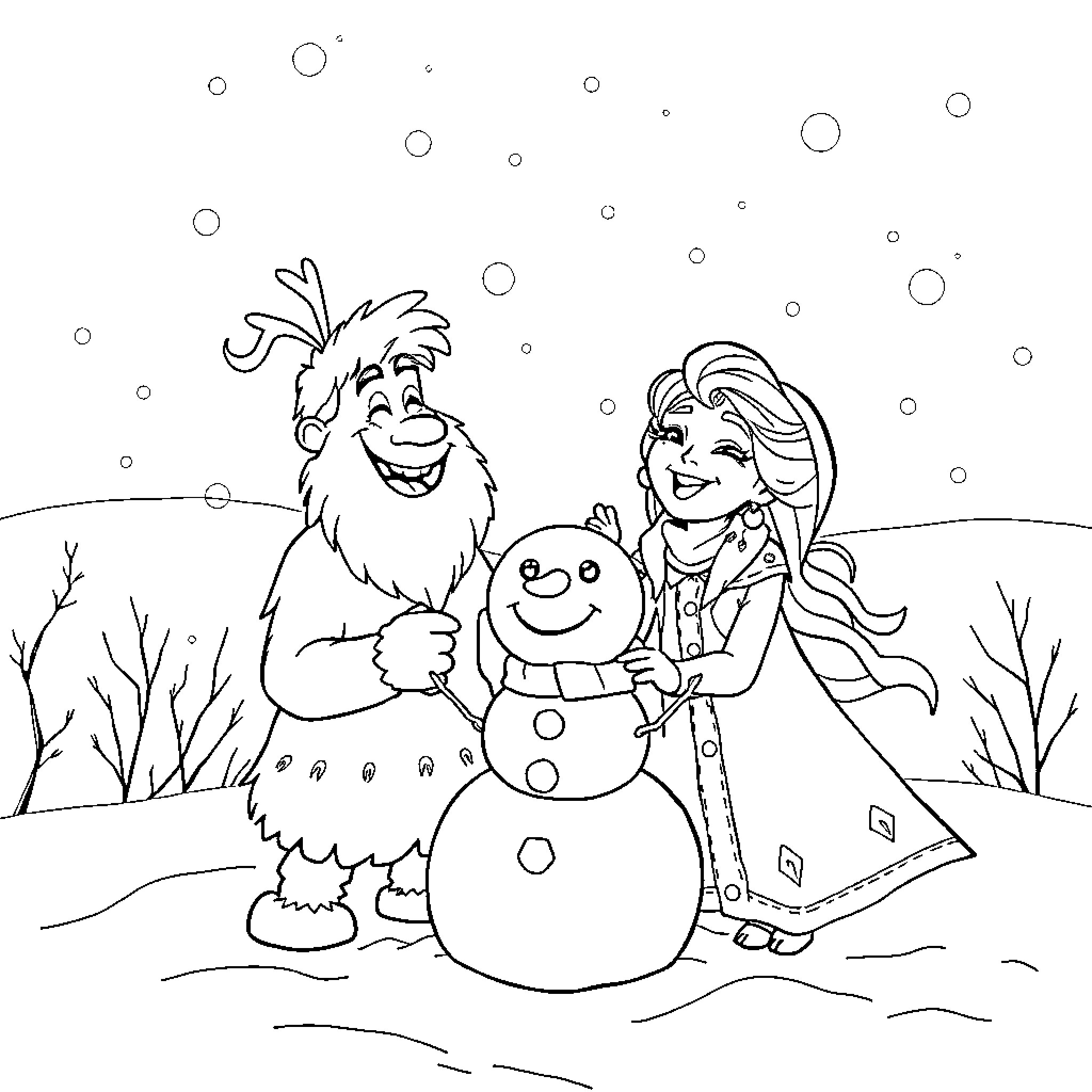 Olof and Elsa build a happy snowman in the winter landscape Coloring Page (free black-and-white line drawing printable PDF for all, from beginners to advanced learners, including children, teens, adults, and seniors)
