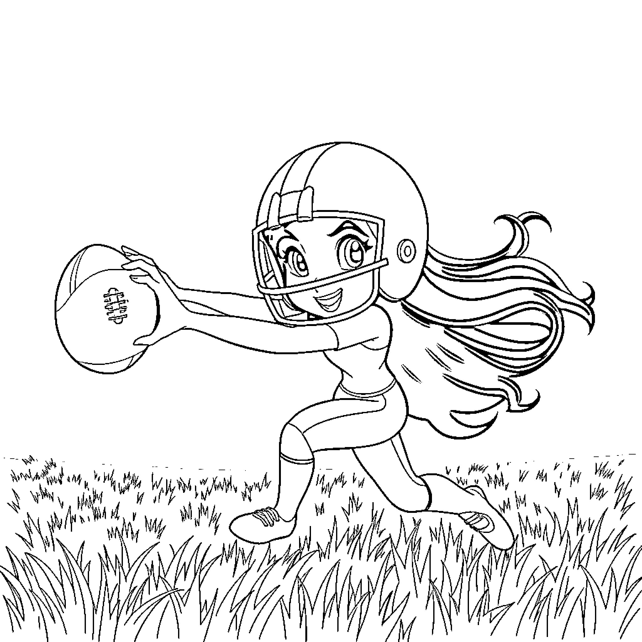 Mulan playing football in the field Coloring Page (free black-and-white line drawing printable PDF for all, from beginners to advanced learners, including children, teens, adults, and seniors)