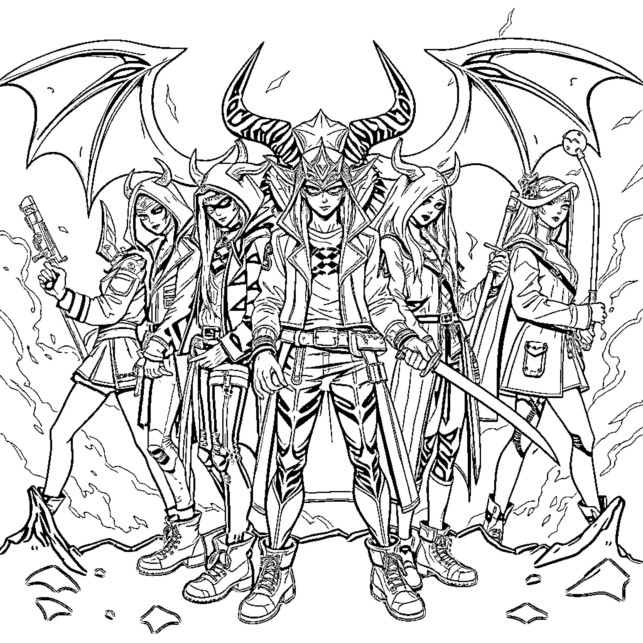 Demon Hunter Squad Wielding Powerful Weapons in Action Coloring Page (free black-and-white line drawing printable PDF for all, from beginners to advanced learners, including children, teens, adults, and seniors)