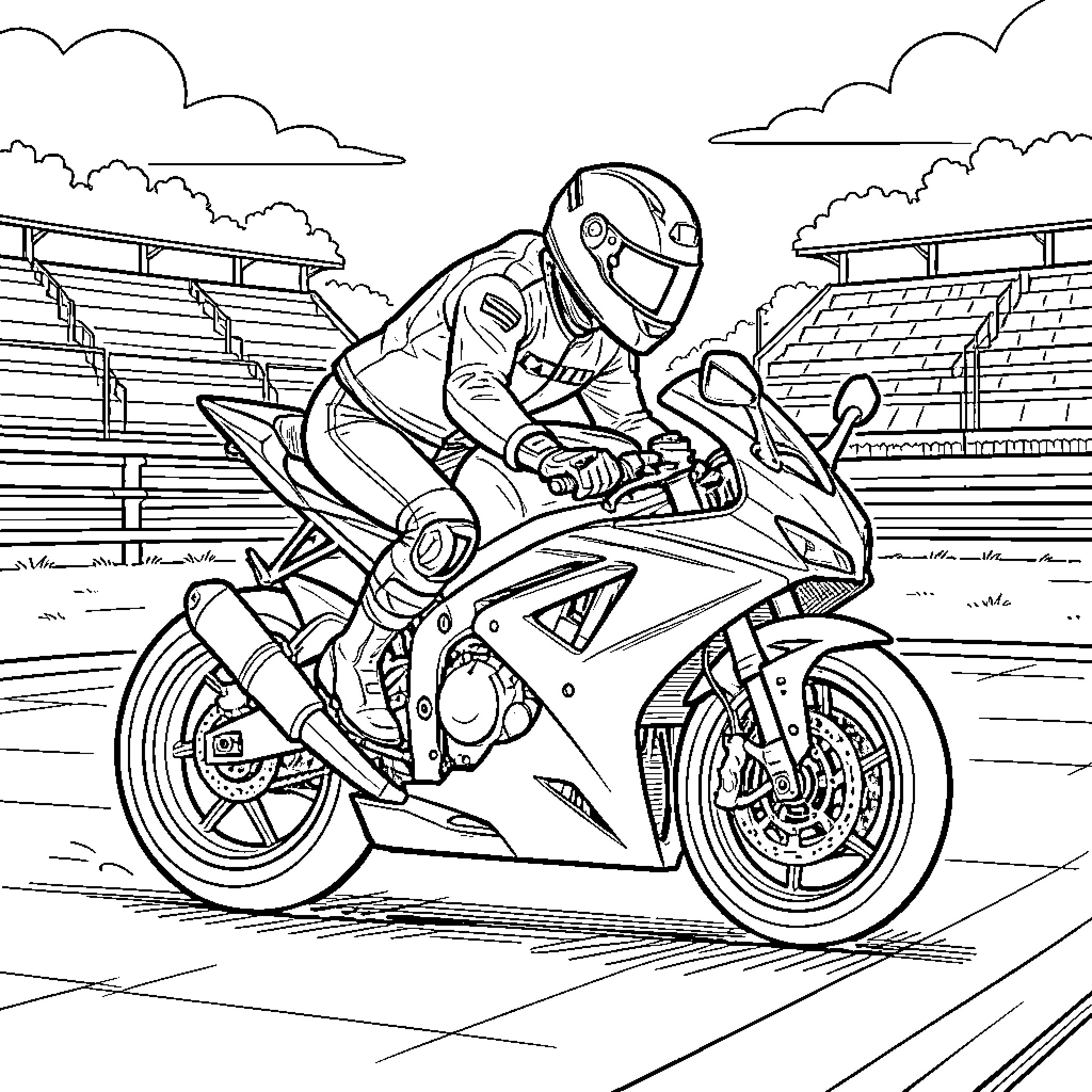 Motorcycle racer leaning into a turn on a track Coloring Page (free black-and-white line drawing printable PDF for all, from beginners to advanced learners, including children, teens, adults, and seniors)