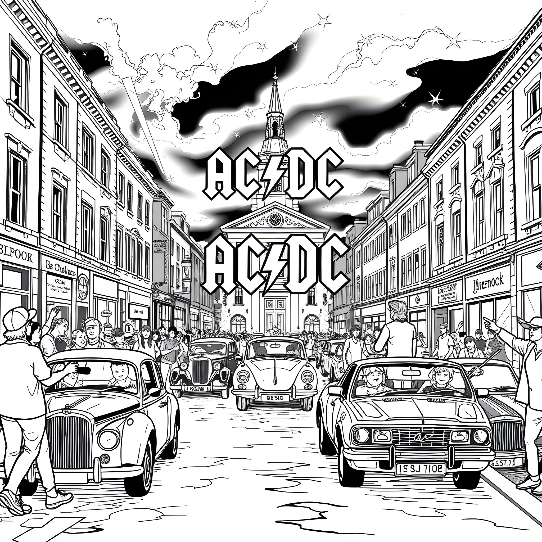 AC/DC: Rocking the City Streets Coloring Page (free black-and-white line drawing printable PDF for all, from beginners to advanced learners, including children, teens, adults, and seniors)