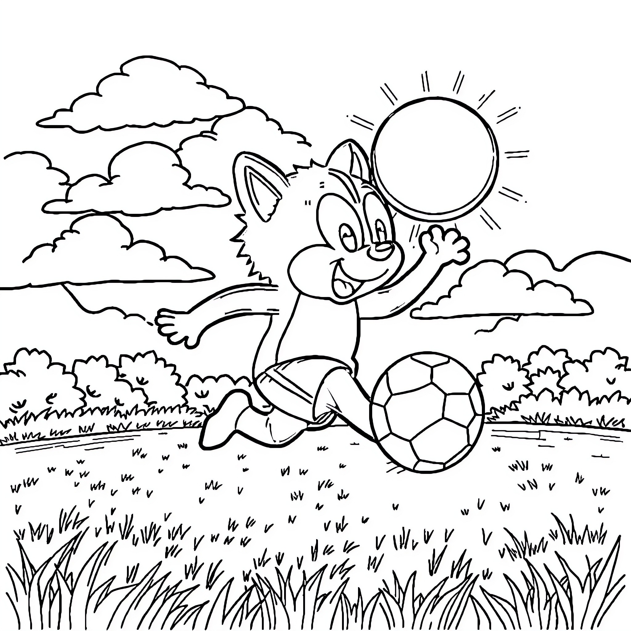 Tchoupi playing soccer in the sunny meadow Coloring Page (free black-and-white line drawing printable PDF for all, from beginners to advanced learners, including children, teens, adults, and seniors)