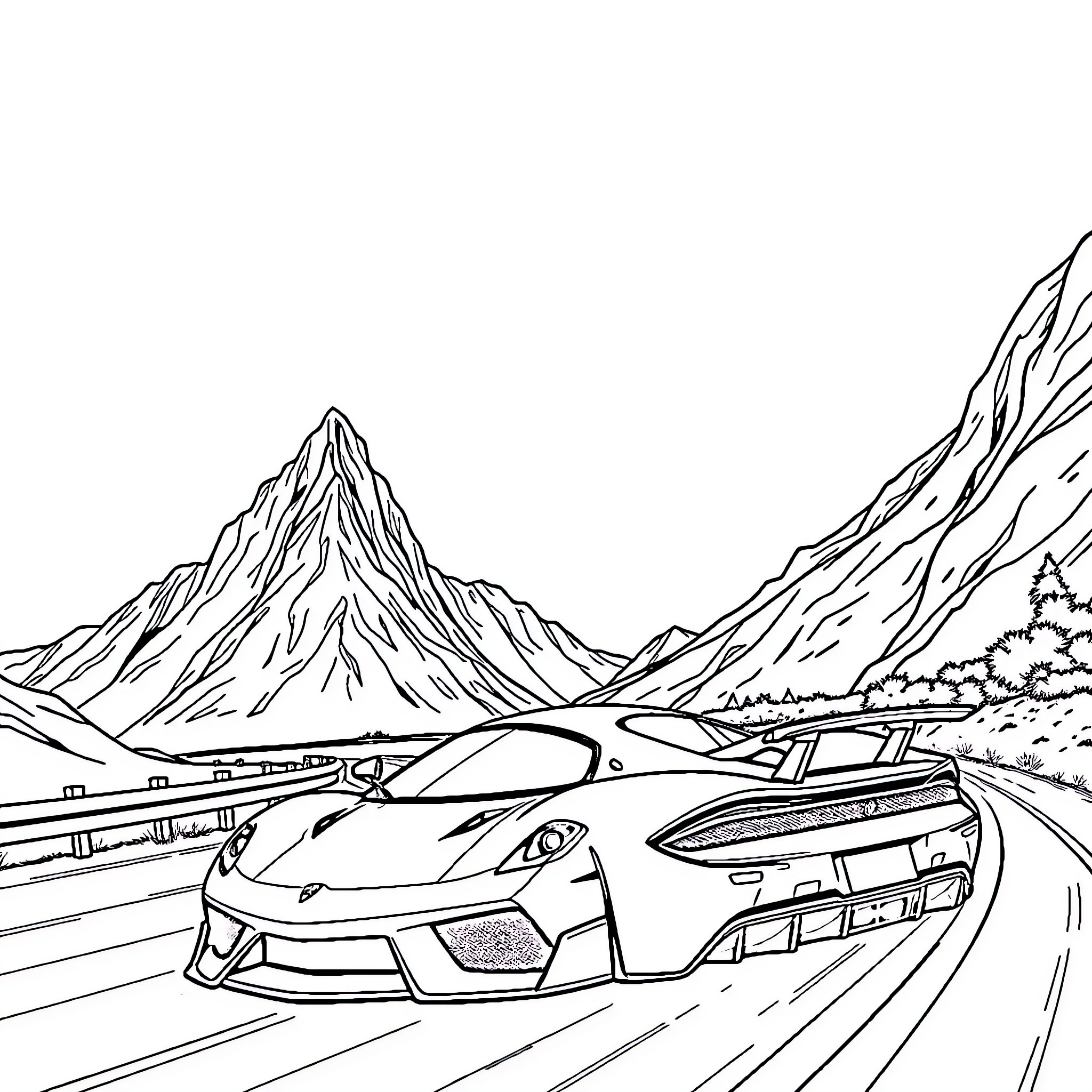 Sports Car Racing Through Mountainous Landscape Coloring Page (free black-and-white line drawing printable PDF for all, from beginners to advanced learners, including children, teens, adults, and seniors)