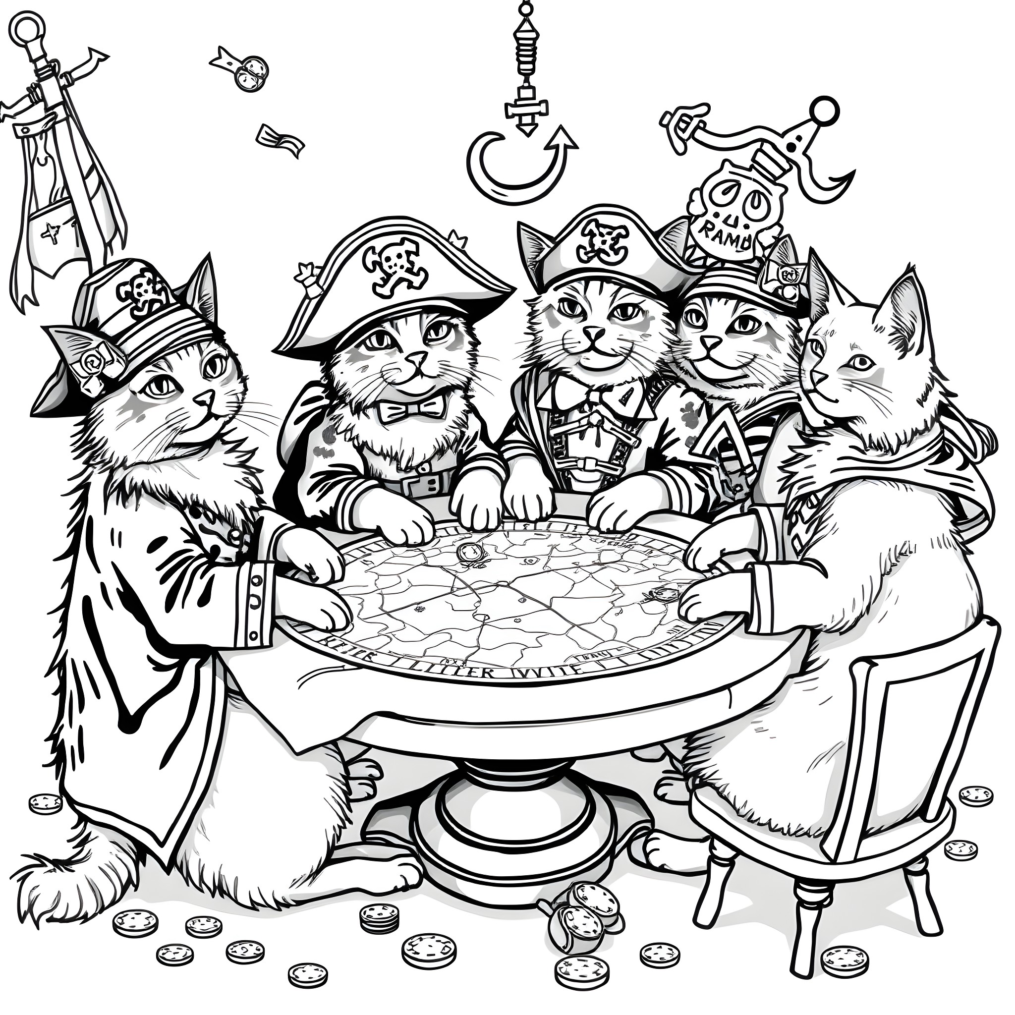 Cats in pirate costumes playing cards Coloring Page (free black-and-white line drawing printable PDF for all, from beginners to advanced learners, including children, teens, adults, and seniors)