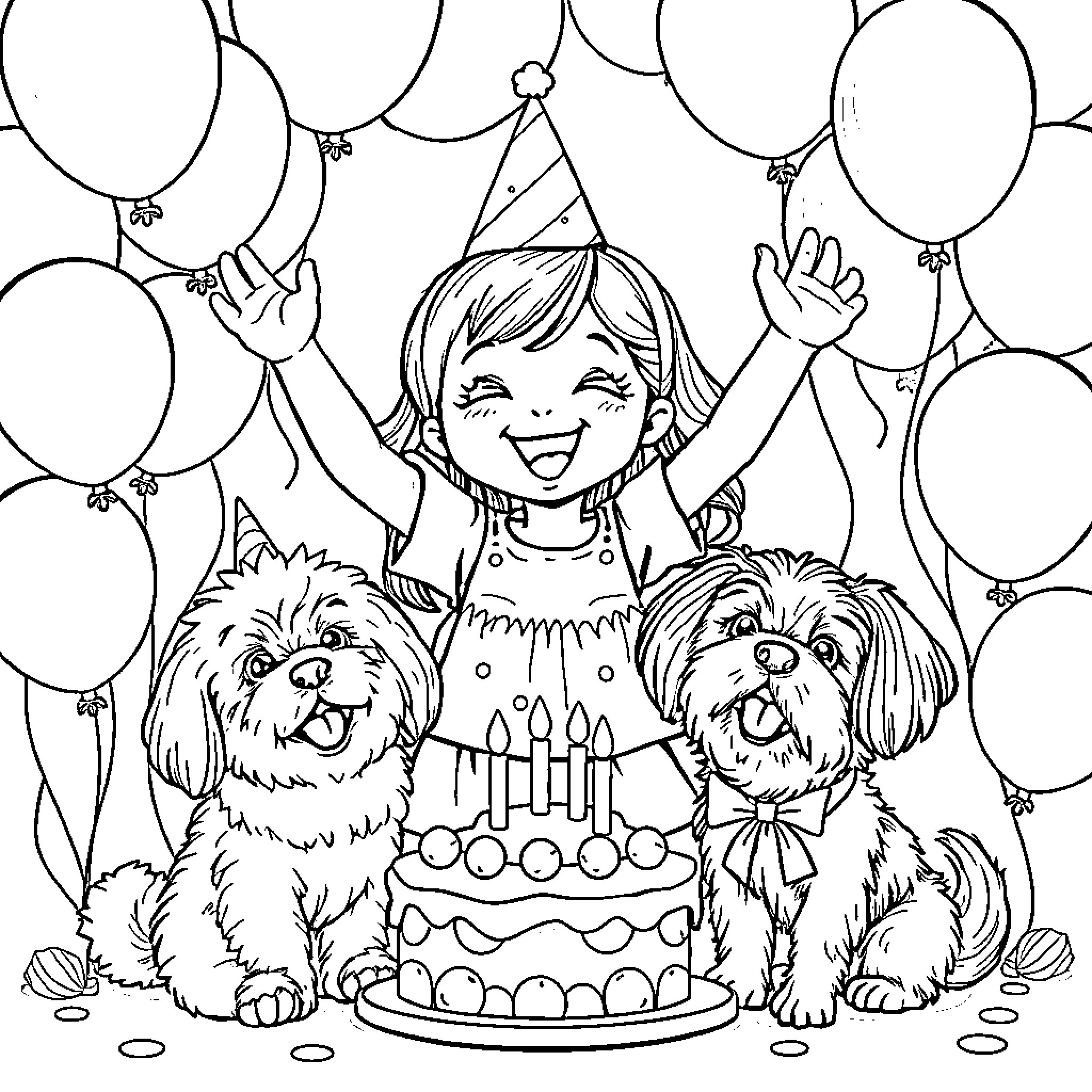 Girl celebrating birthday with pet dogs Coloring Page (free black-and-white line drawing printable PDF for all, from beginners to advanced learners, including children, teens, adults, and seniors)