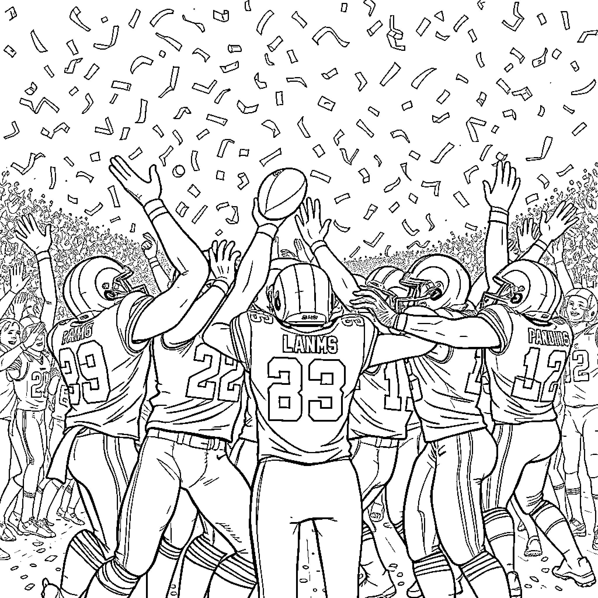 Rams players celebrating on the field Coloring Page (free black-and-white line drawing printable PDF for all, from beginners to advanced learners, including children, teens, adults, and seniors)