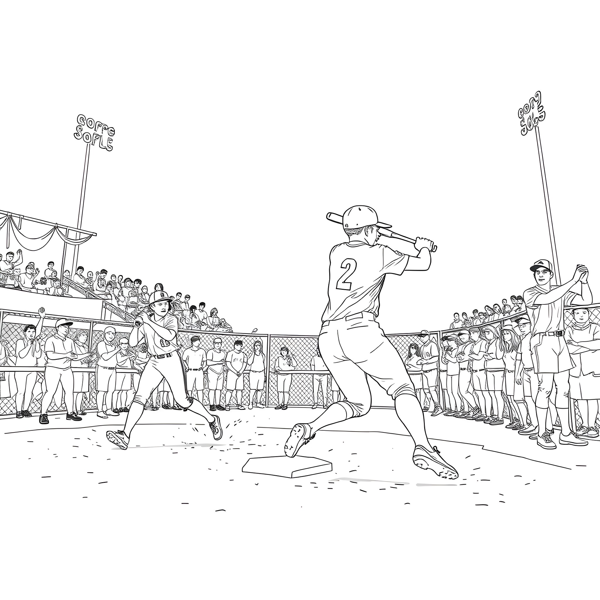 Softball game with players and spectators Coloring Page (free black-and-white line drawing printable PDF for all, from beginners to advanced learners, including children, teens, adults, and seniors)