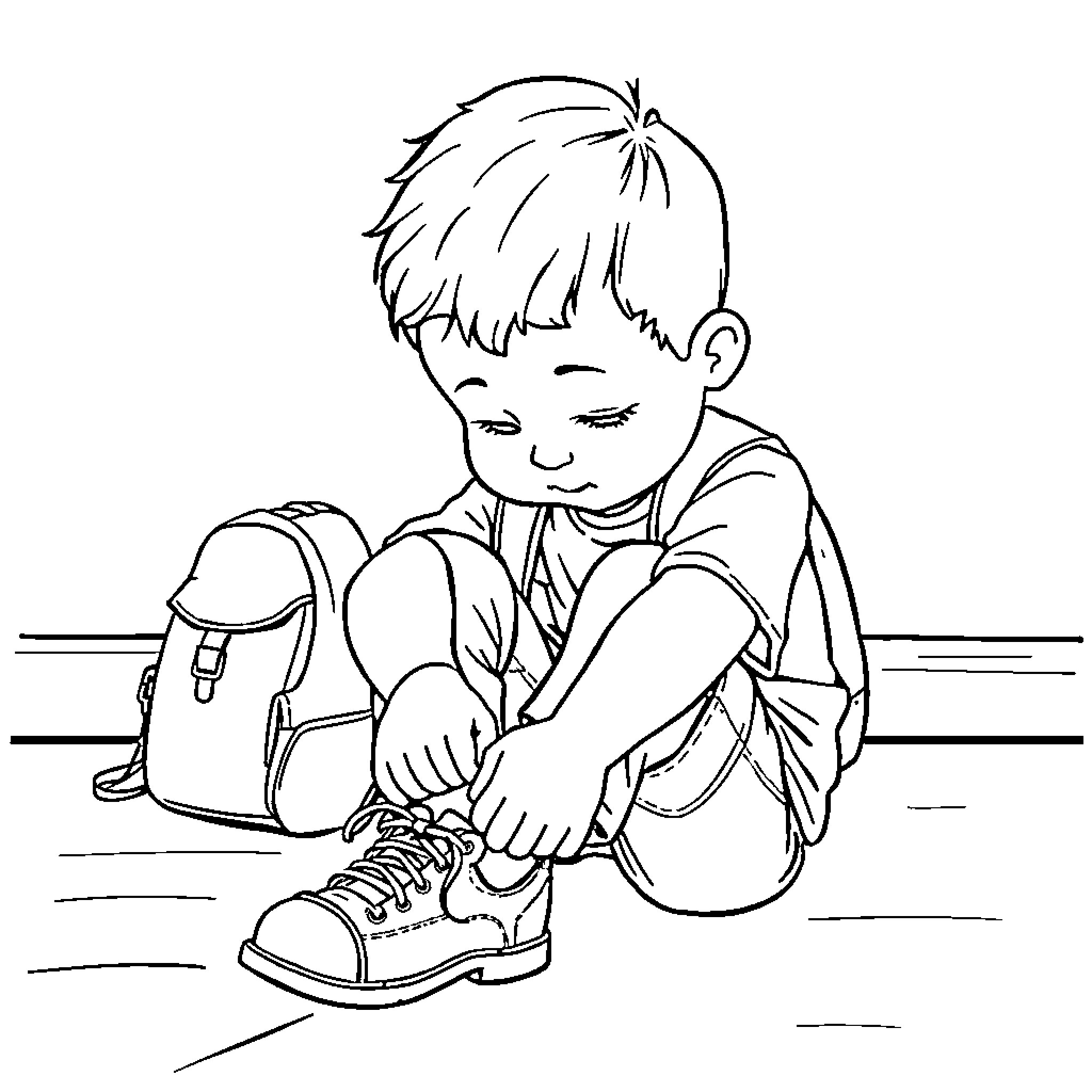 Kid tying shoelaces with backpack Coloring Page (free black-and-white line drawing printable PDF for all, from beginners to advanced learners, including children, teens, adults, and seniors)