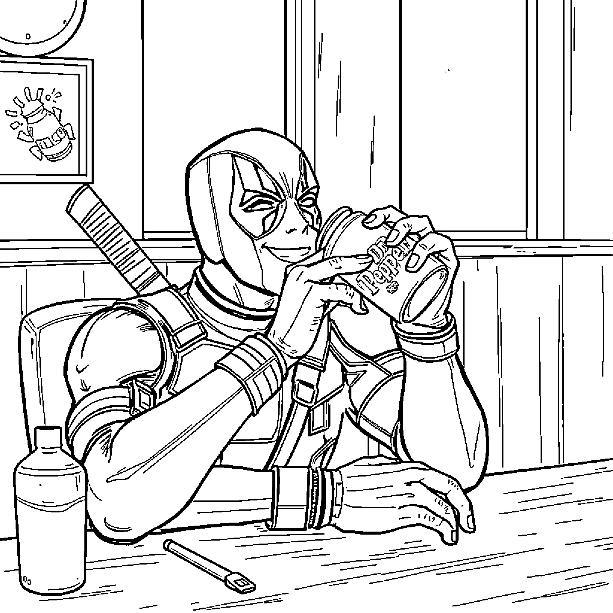 Deadpool Contemplating in Moody Surroundings Coloring Page (free black-and-white line drawing printable PDF for all, from beginners to advanced learners, including children, teens, adults, and seniors)
