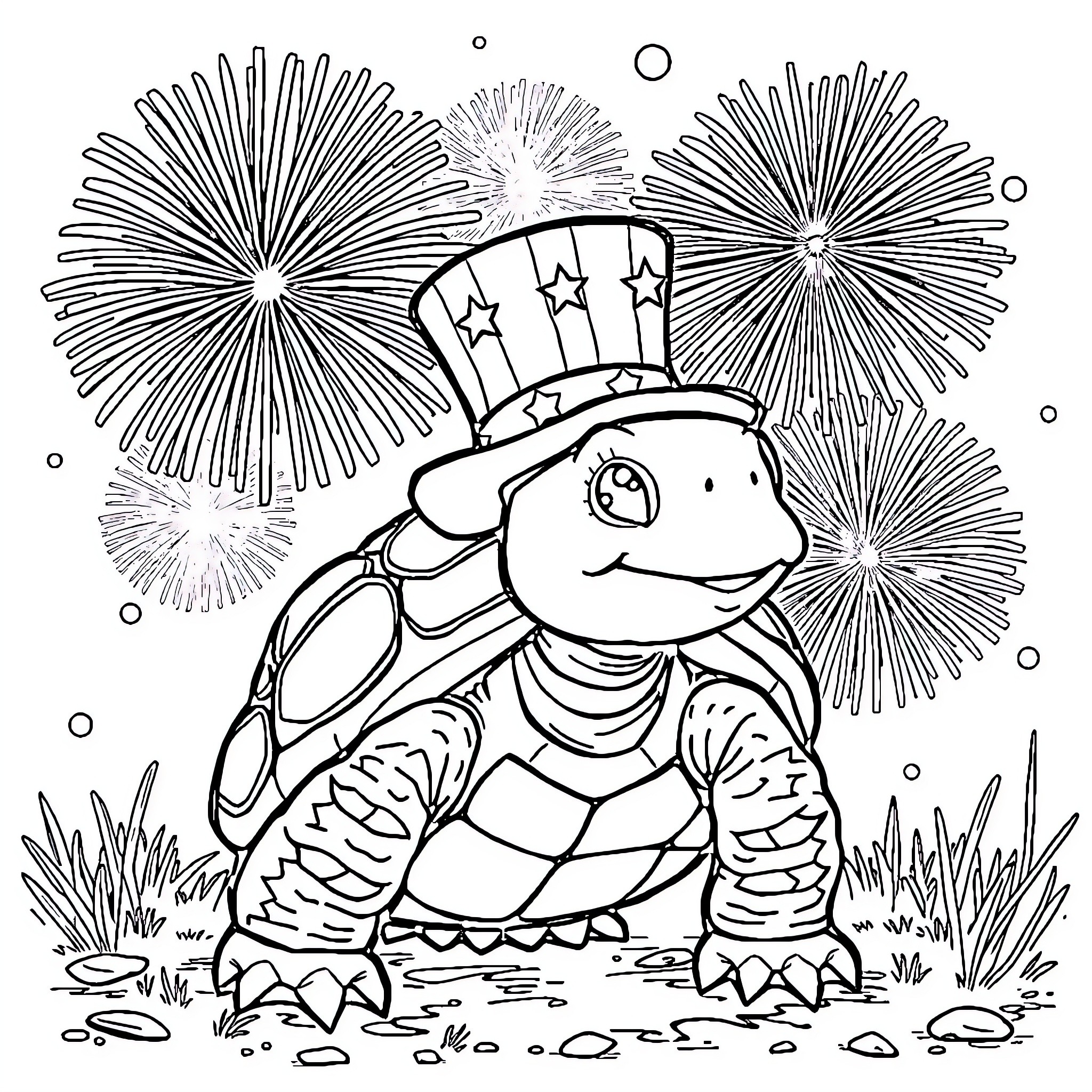 Turtle celebrating with fireworks and hat Coloring Page (free black-and-white line drawing printable PDF for all, from beginners to advanced learners, including children, teens, adults, and seniors)
