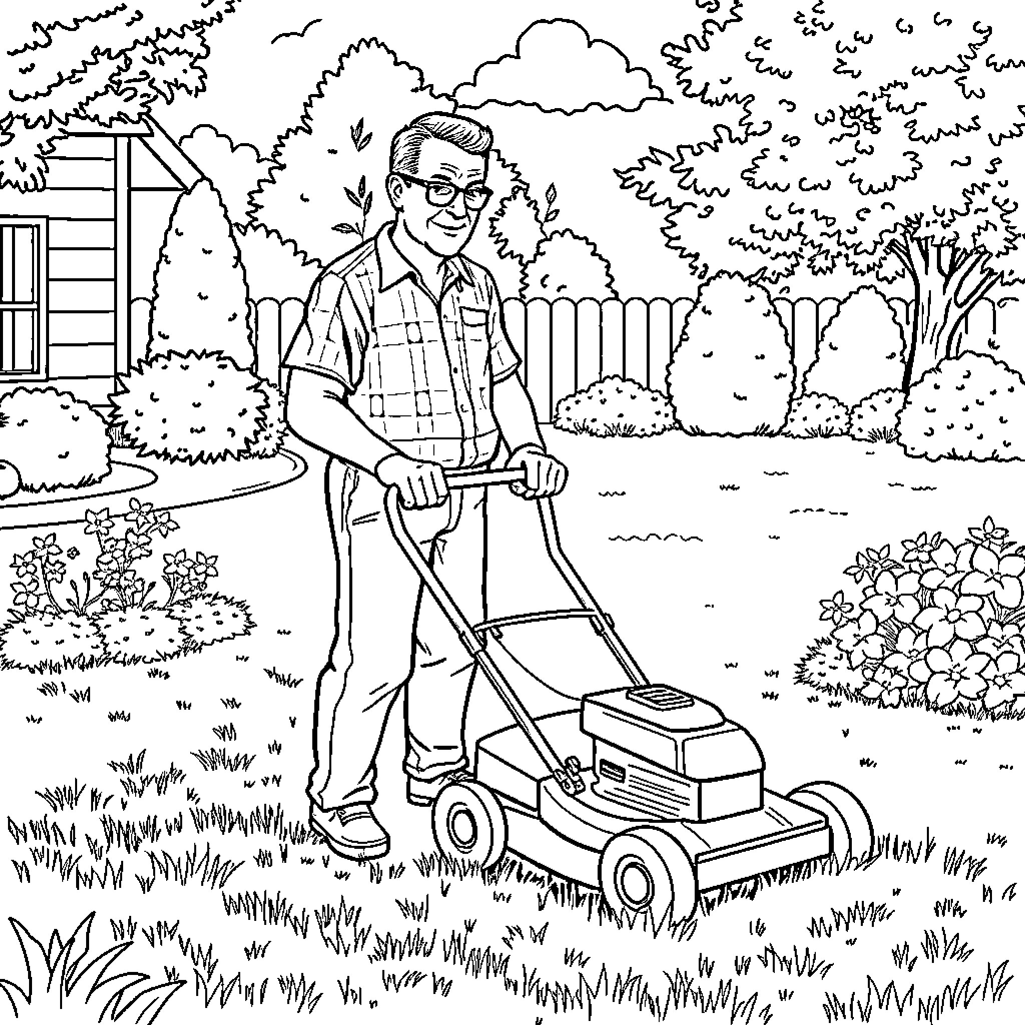 Hank Hill mowing the lawn in his backyard Coloring Page (free black-and-white line drawing printable PDF for all, from beginners to advanced learners, including children, teens, adults, and seniors)