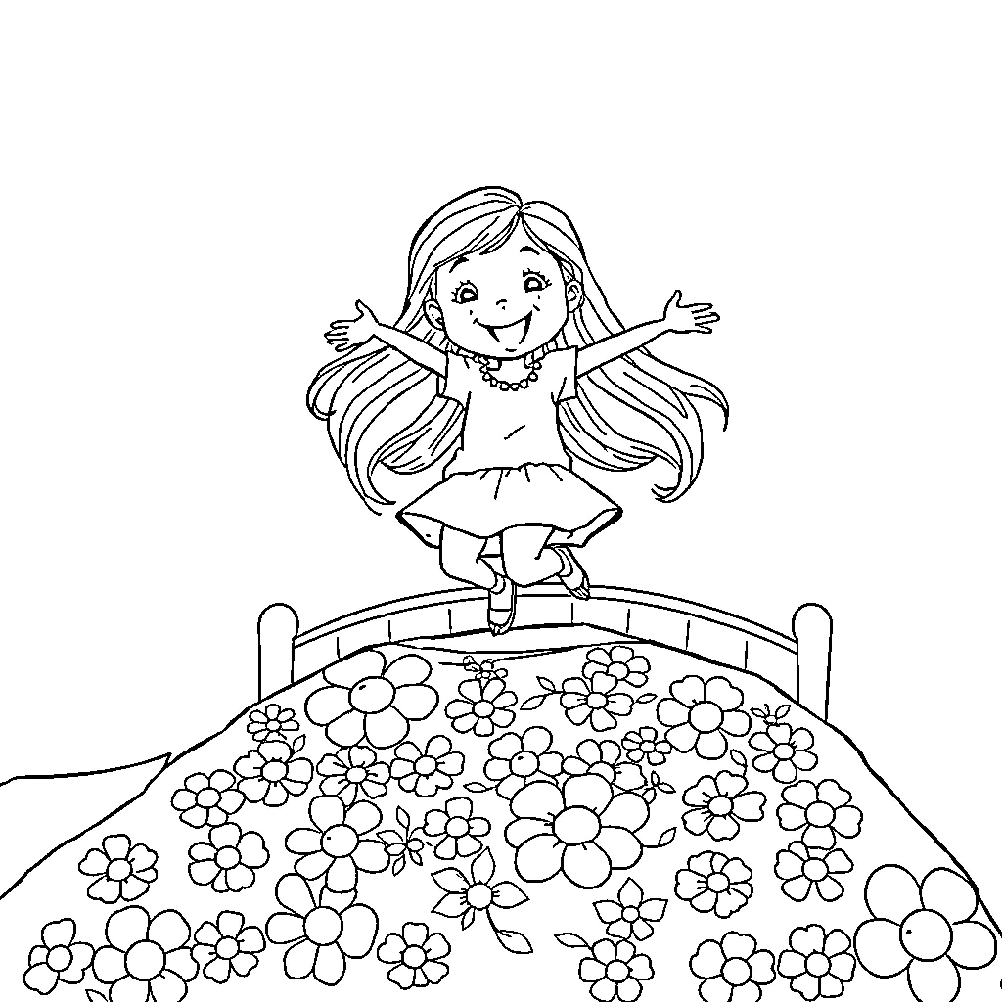 Girl dancing joyfully on a bed of flowers Coloring Page (free black-and-white line drawing printable PDF for all, from beginners to advanced learners, including children, teens, adults, and seniors)
