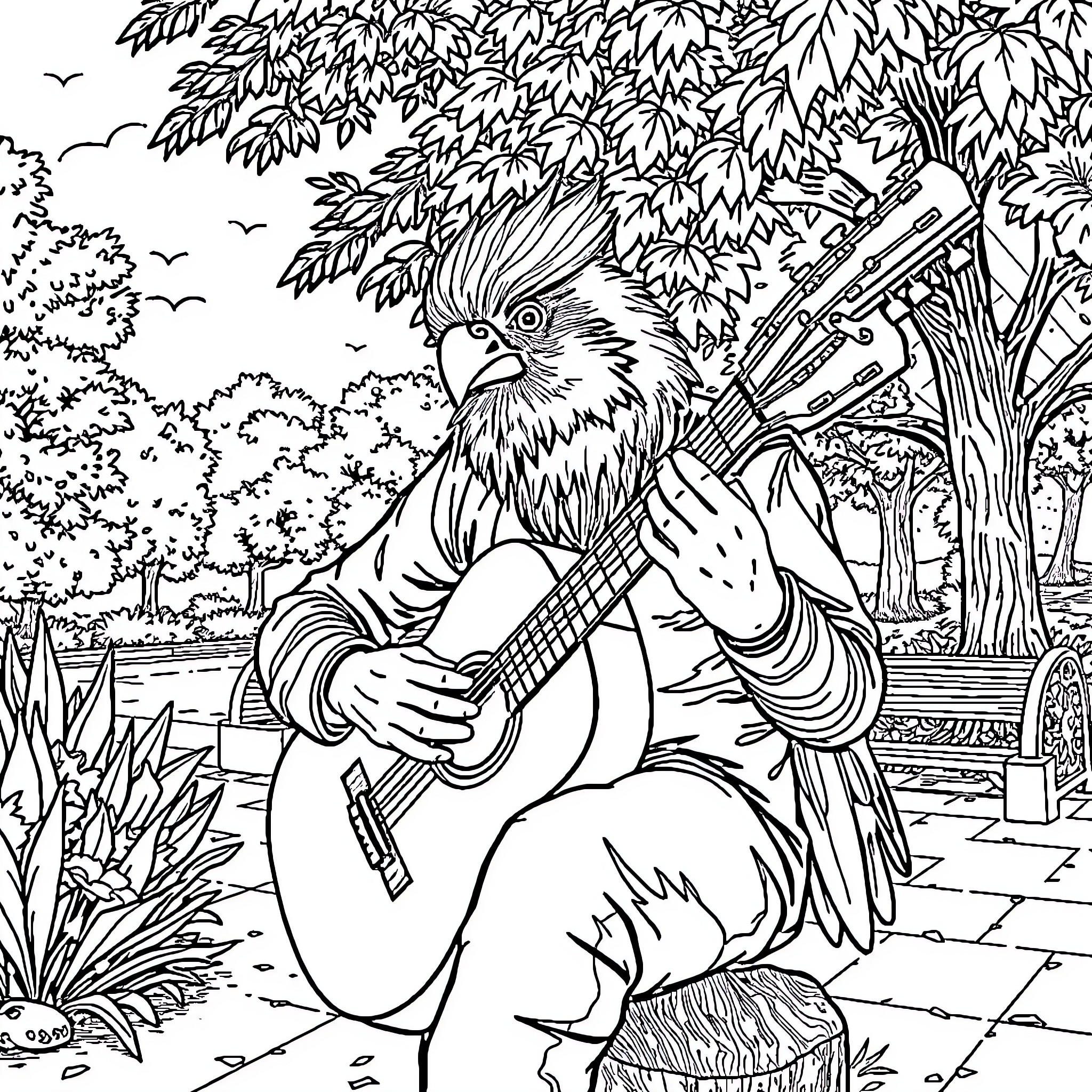 Hombre Cuervo playing guitar in nature Coloring Page (free black-and-white line drawing printable PDF for all, from beginners to advanced learners, including children, teens, adults, and seniors)