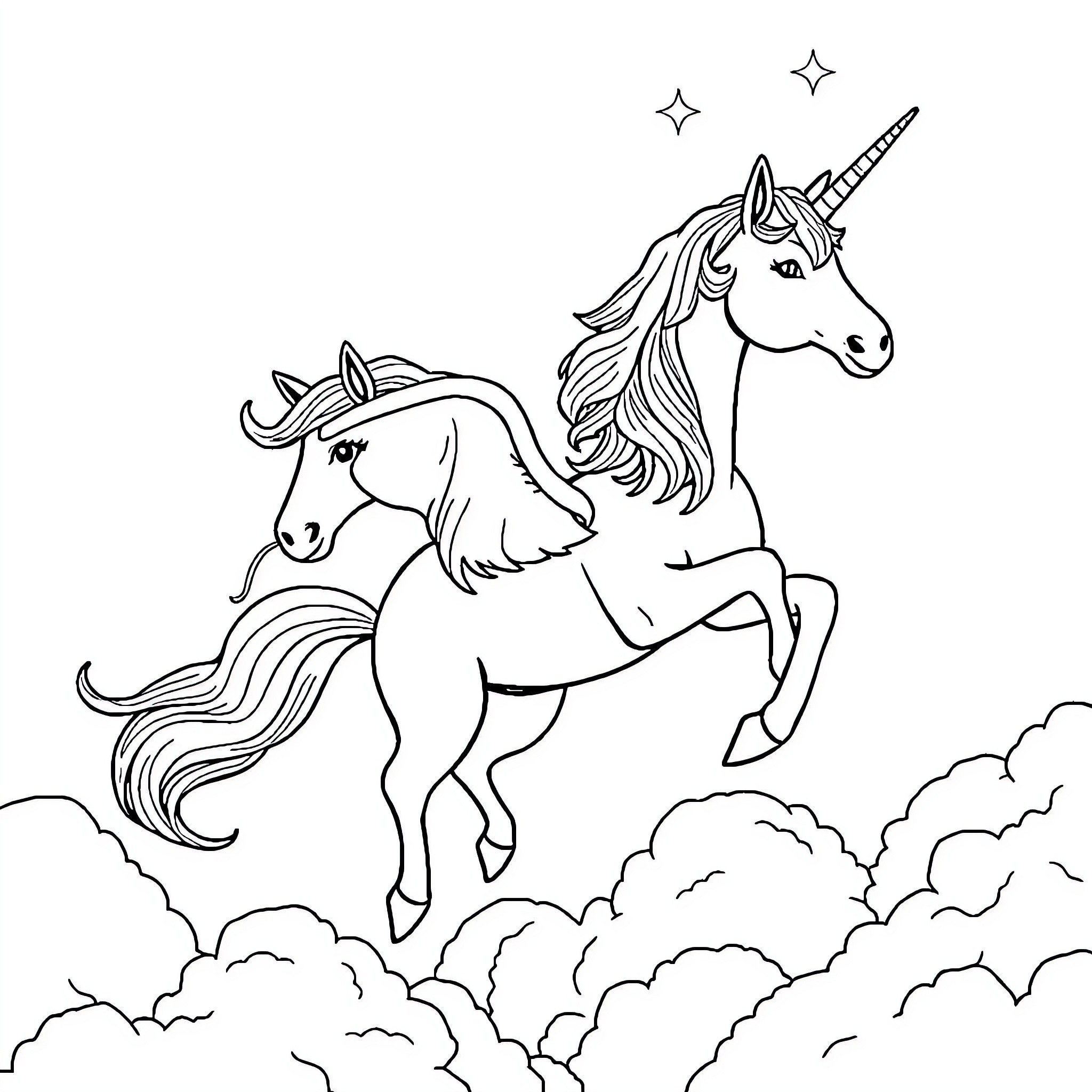 Unicorns frolicking amidst the clouds Coloring Page (free black-and-white line drawing printable PDF for all, from beginners to advanced learners, including children, teens, adults, and seniors)