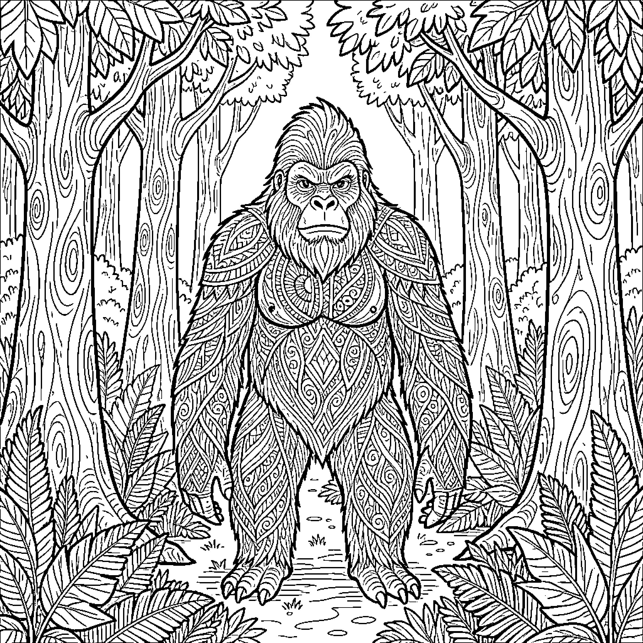Sasquatch walking through the enchanted forest Coloring Page (free black-and-white line drawing printable PDF for all, from beginners to advanced learners, including children, teens, adults, and seniors)