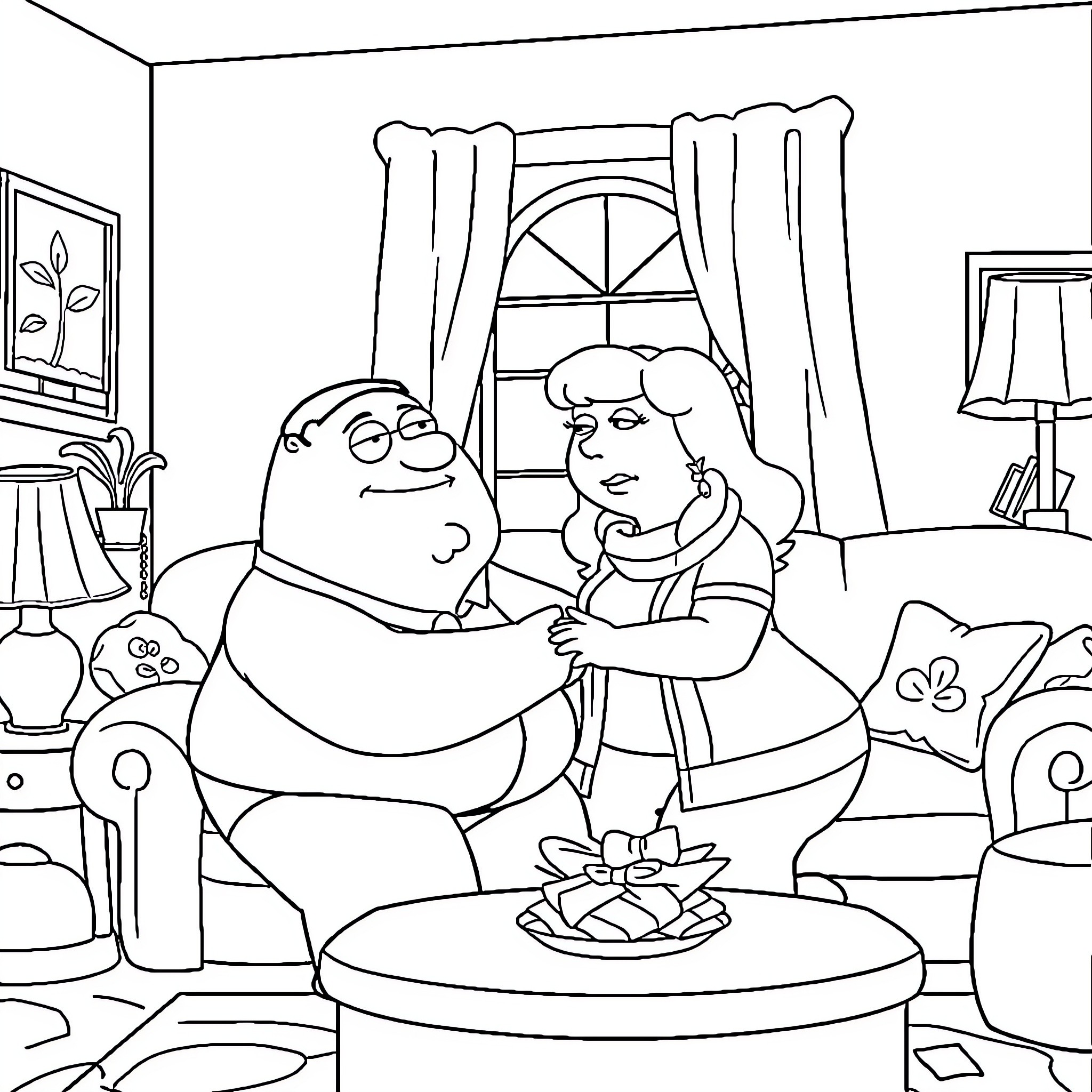 Peter Griffin and Lois enjoying a cozy moment at home Coloring Page (free black-and-white line drawing printable PDF for all, from beginners to advanced learners, including children, teens, adults, and seniors)