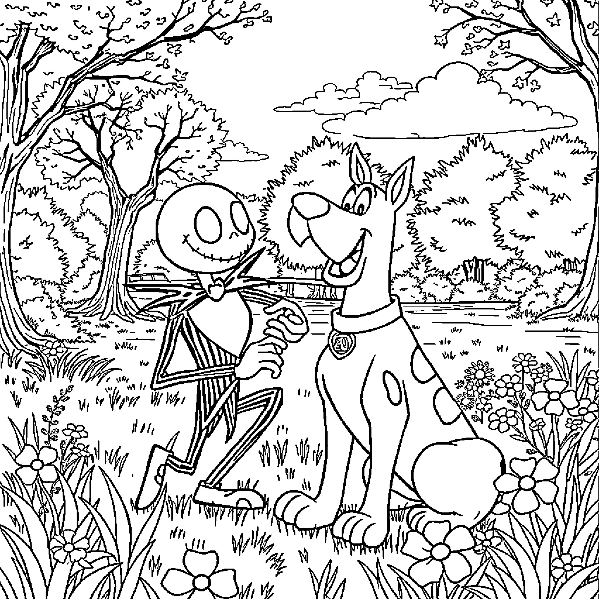 Jack Skellington and his canine companion explore the enchanted forest Coloring Page (free black-and-white line drawing printable PDF for all, from beginners to advanced learners, including children, teens, adults, and seniors)