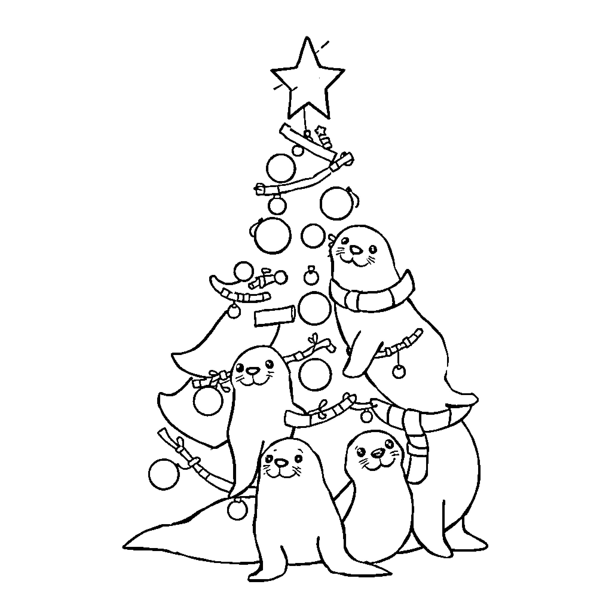 Seal Decorating Christmas Tree with Cute Companions Coloring Page (free black-and-white line drawing printable PDF for all, from beginners to advanced learners, including children, teens, adults, and seniors)