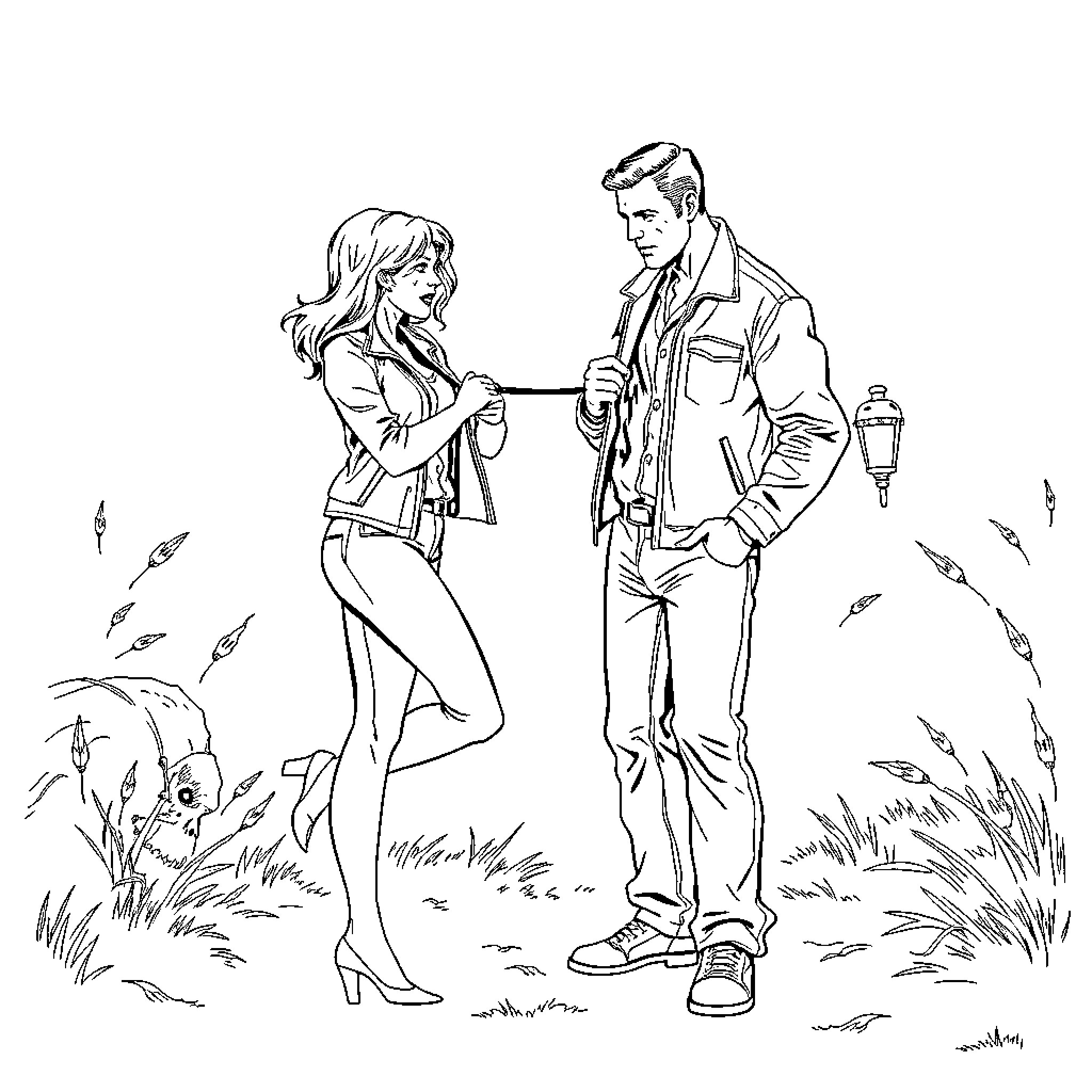 Woman and man in outdoor setting Coloring Page (free black-and-white line drawing printable PDF for all, from beginners to advanced learners, including children, teens, adults, and seniors)
