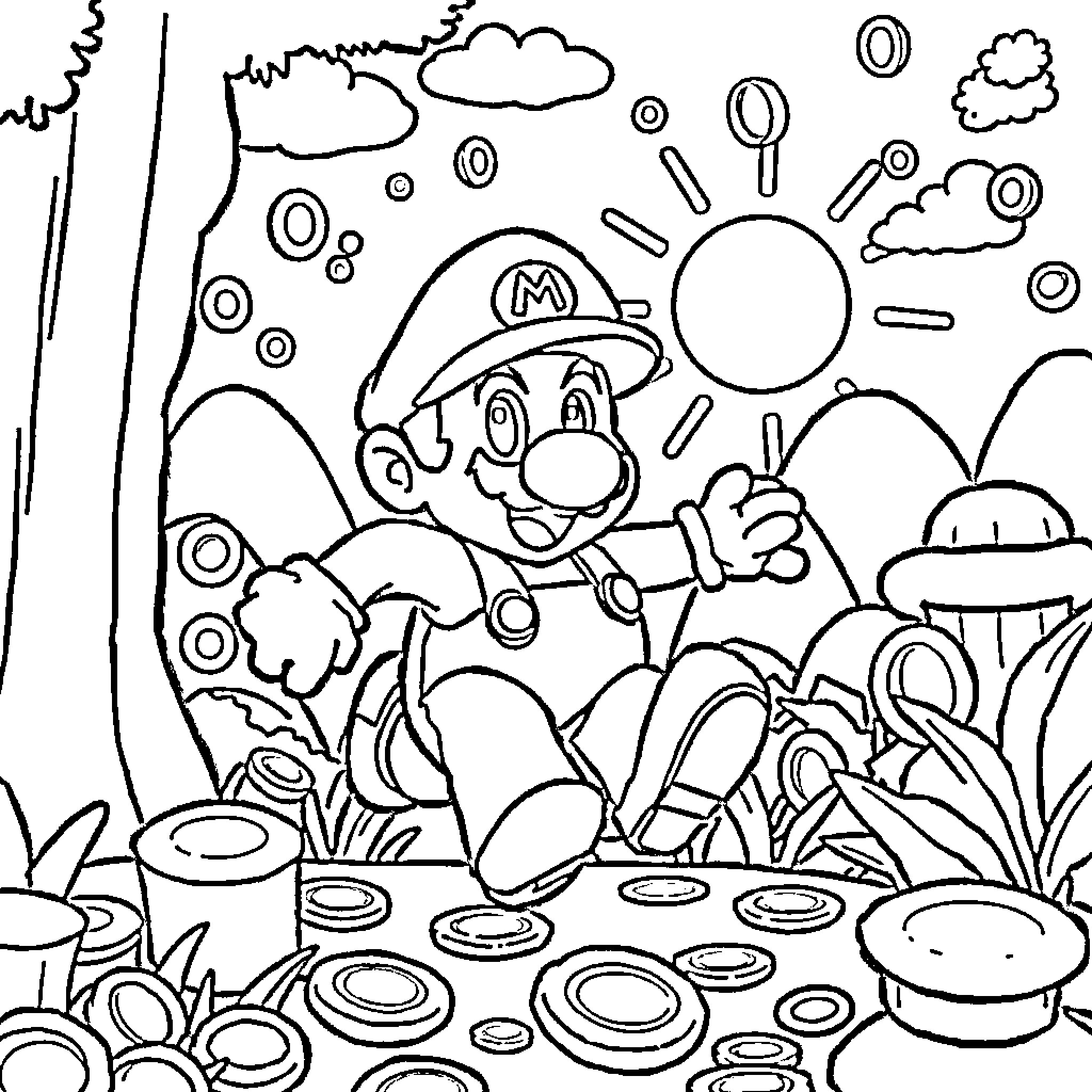 Super Mario's Mushroom Kingdom Adventure Coloring Page (free black-and-white line drawing printable PDF for all, from beginners to advanced learners, including children, teens, adults, and seniors)
