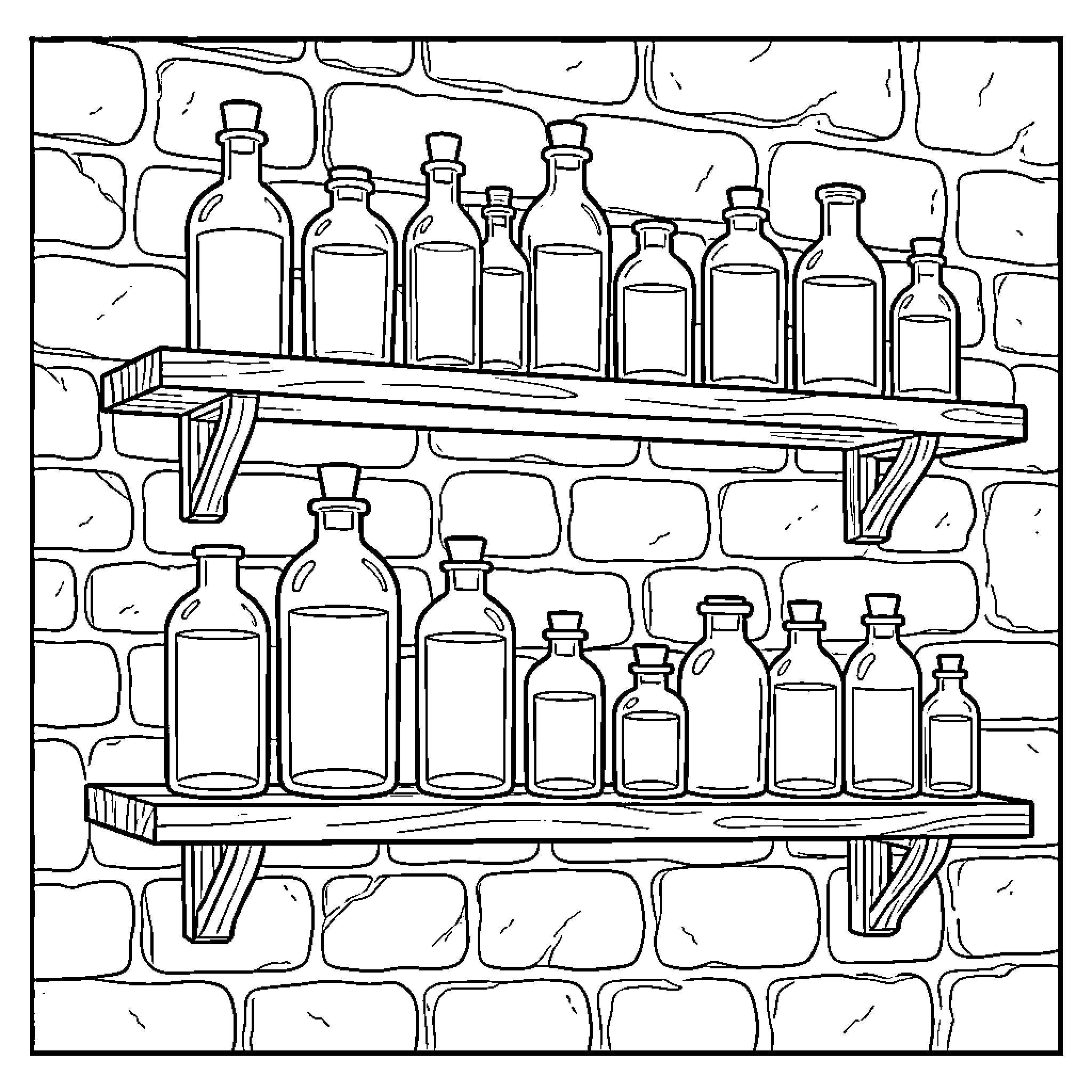 Flacon collection arranged on wooden shelves against brick wall Coloring Page (free black-and-white line drawing printable PDF for all, from beginners to advanced learners, including children, teens, adults, and seniors)