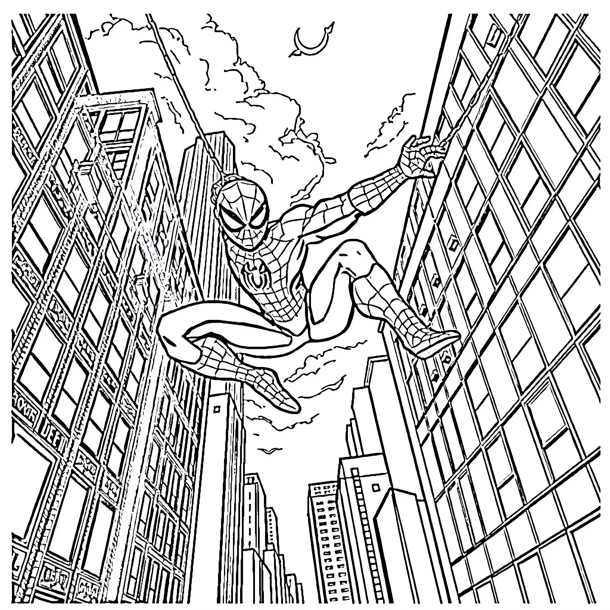 Spiderman swinging through the city skyline Coloring Page (free black-and-white line drawing printable PDF for all, from beginners to advanced learners, including children, teens, adults, and seniors)